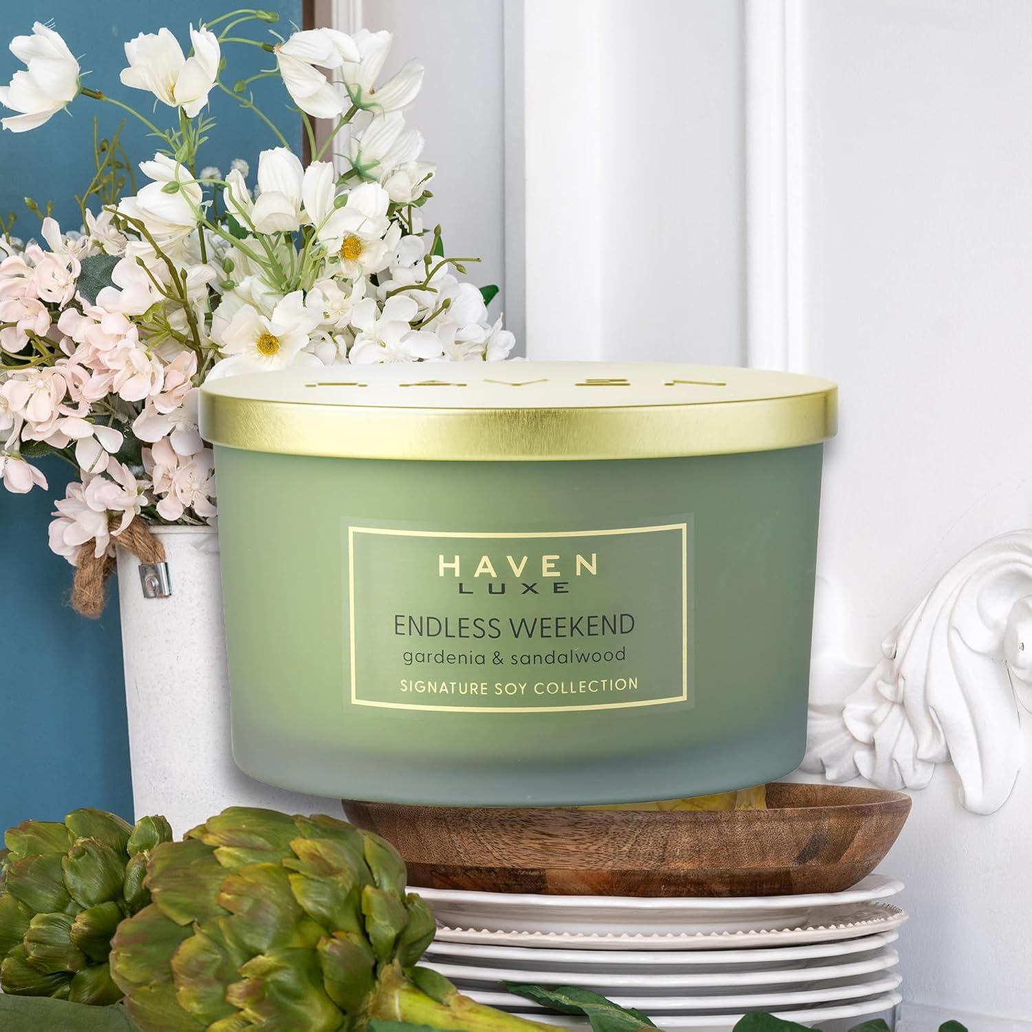 Haven Gardenia & Sandalwood Scented Candle in Frosted Glass Jar with Gold Lid &ndash; Smooth-Burning Soy Wax Blend and Long-Lasting Aromatherapy Candle with Floral Scent for Home Decor &ndash; Ideal Gift Option image number 2