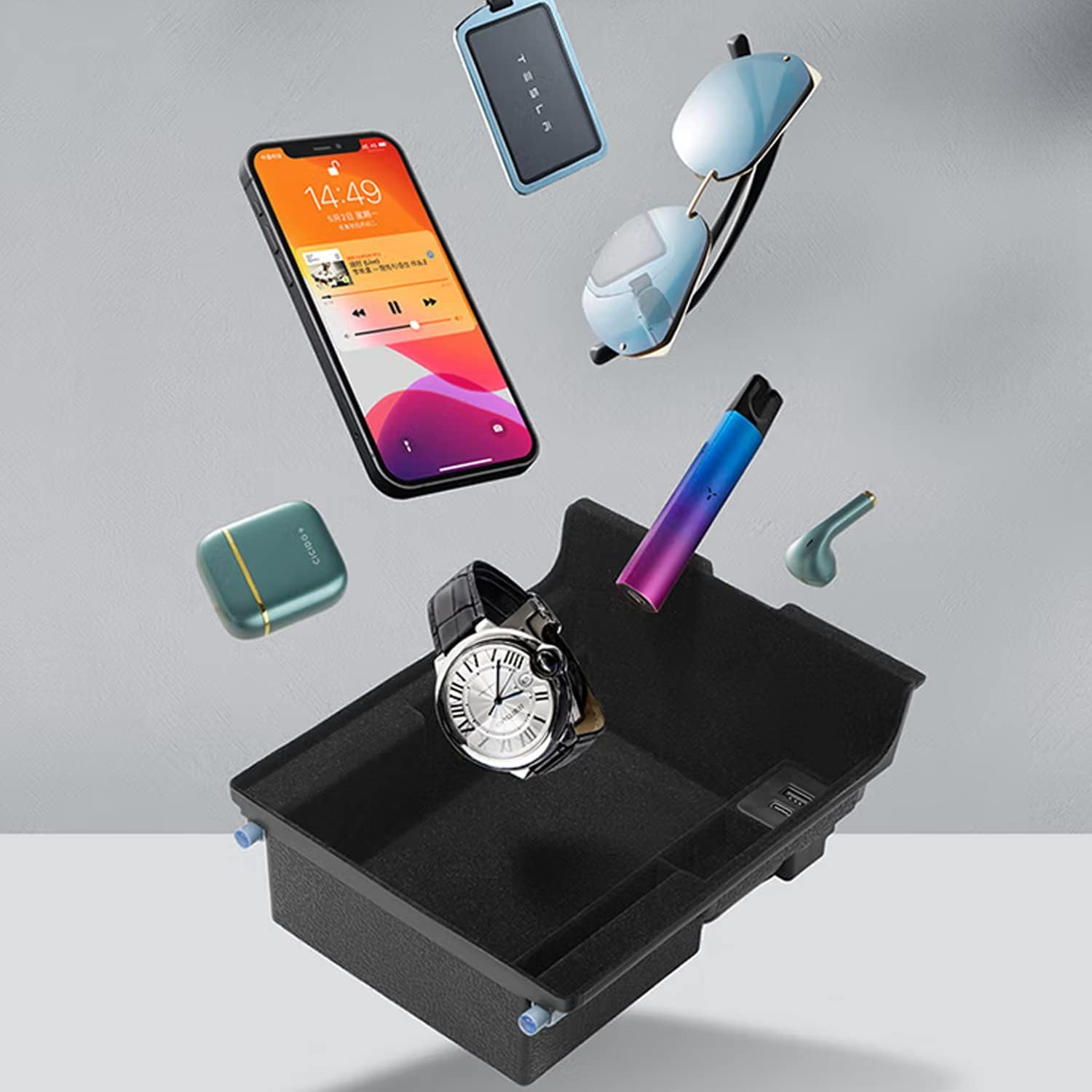 Yotsuba Center Console Organiser Armrest Box Fabric Finish Tray for Tesla Model 3 2021-2023 SEP and Model Y 2021-2024