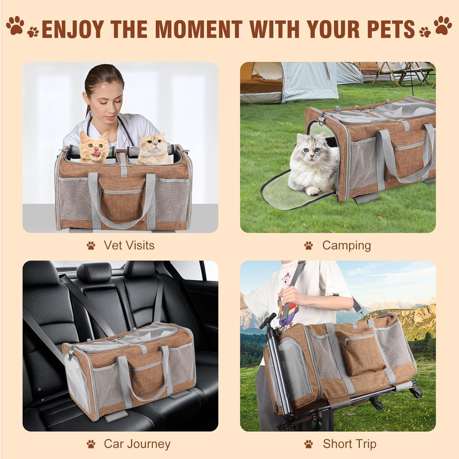 PANTREE Cat Carrier Soft with Wheels, Double Compartment Foldable Rolling Cat Carrier for 2 Small Cats and Dogs, Fully Breathable for Traveling/Hiking/Camping/Veterinary Visits (Brown) image number 2