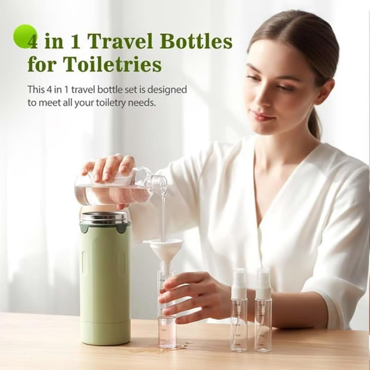 4-In-1 Travel Dispenser Bottle, Portable Leak Proof Refillable Toiletry Containers, Mini Shampoo Dispenser Portable Travel Bottle Set with Scale Label for Toiletries, for Flights Gym (Green*1) - Mix image number 3
