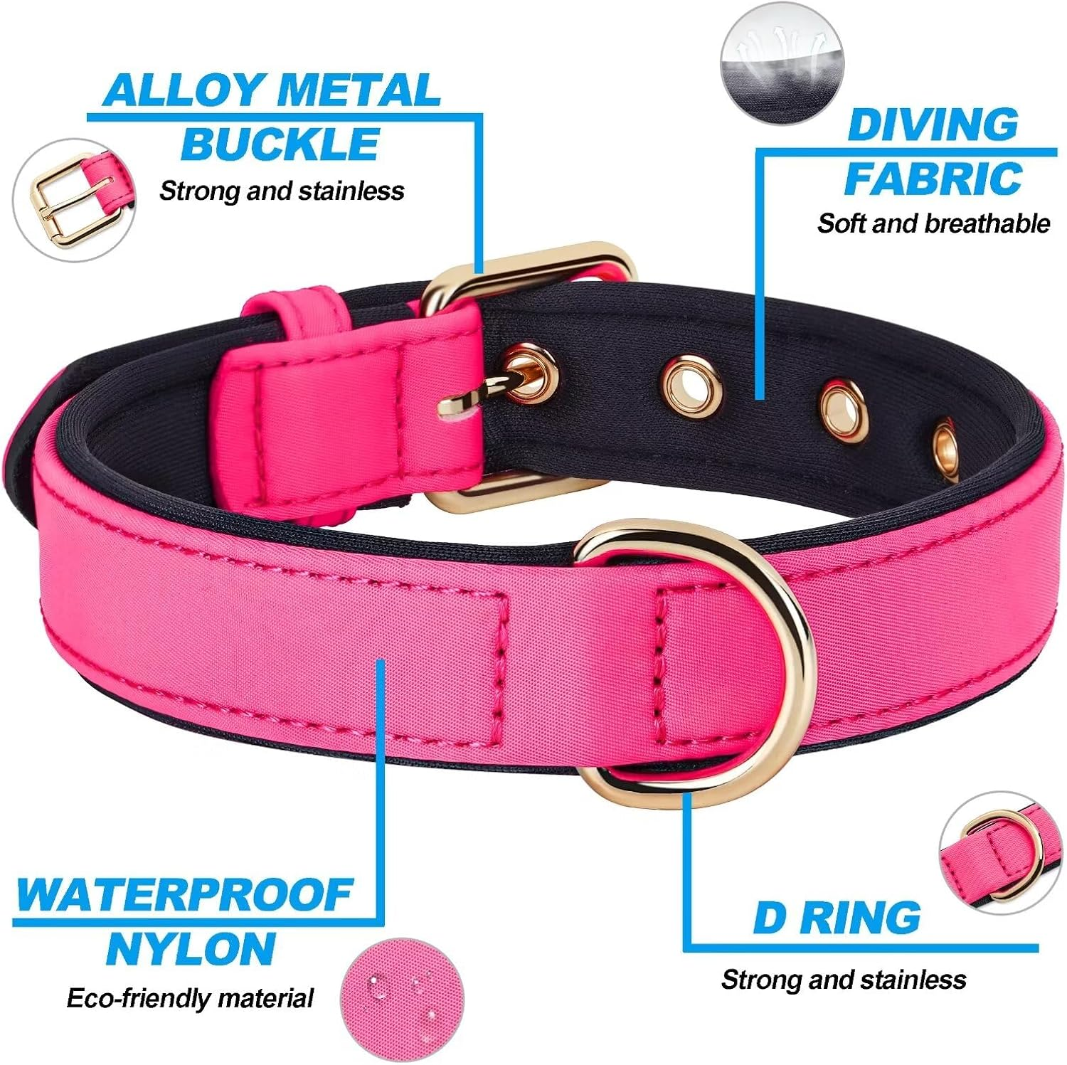 Didog Dog Collar, Waterproof Soft Padded Strong Small Dog Collars with Metal Buckle, Lightweight and Breathable Dog Collars for Small Dogs, Pink, S