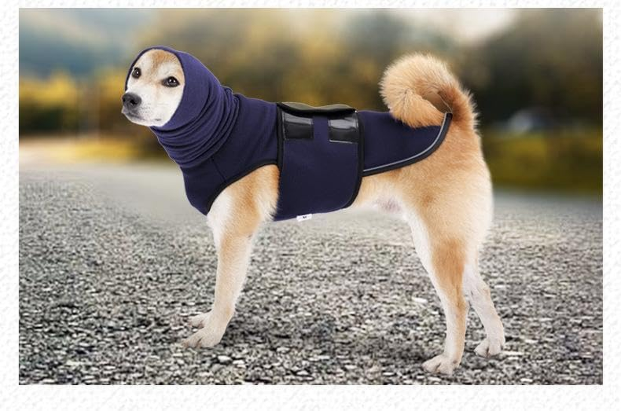 Dog Anxiety Shirt Calming Jacket with Hoodie Dog Ears Cover 2 in 1, Dog Anxiety Jacket with Ear Wrap for Travel Vet Visits Separation Anxiety Relief, Calming Shirt Wrap (Navyblue, XL)
