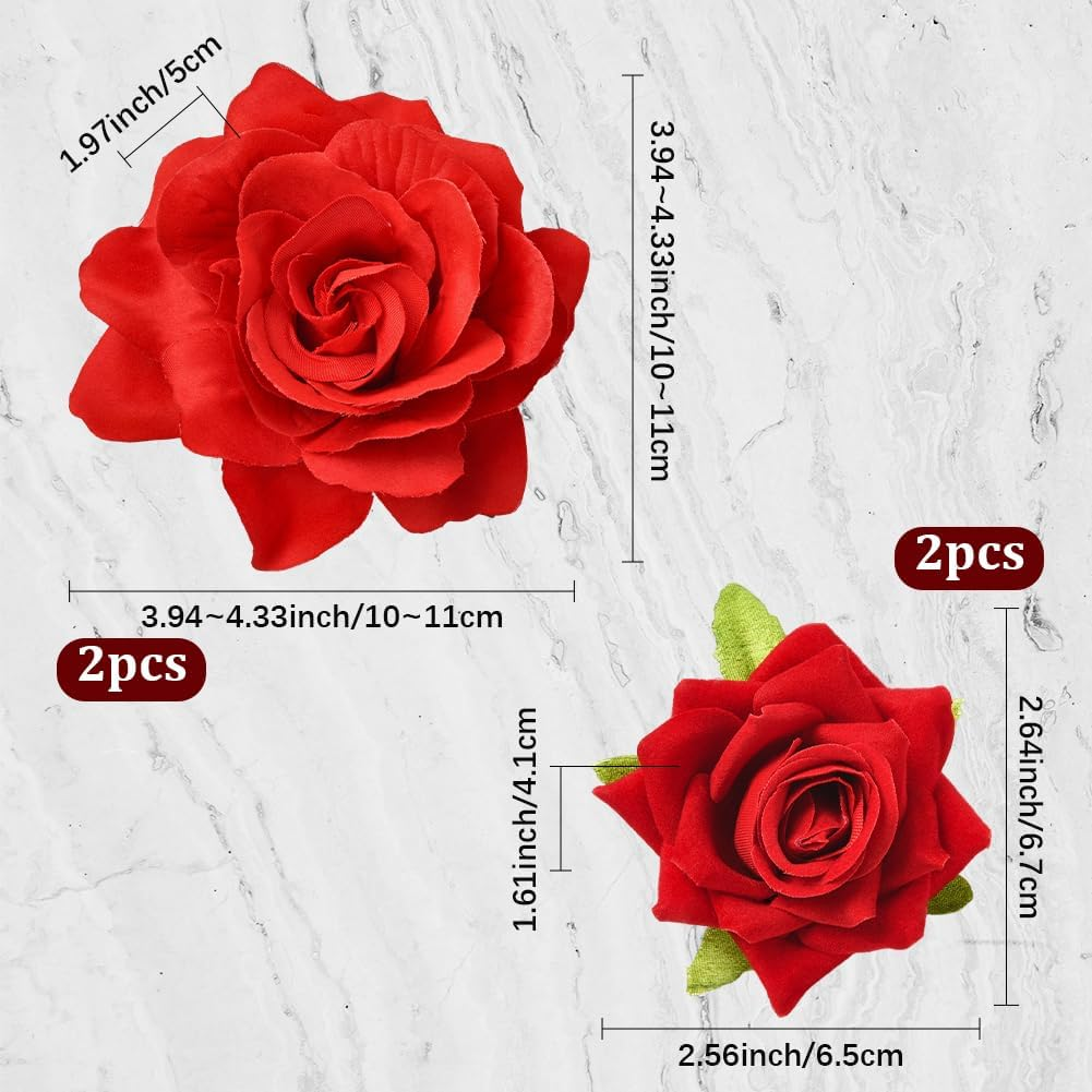 SOFPLATE Pack of 4 Red Rose Hair Clips Headdress Flowers Hair Clips Brooch 2 in 1 Fabric Flowers Hair Pins Accessories for Valentine'S Day Wedding Party Fancy Dress Accessories Women'S Hats Bags image number 3