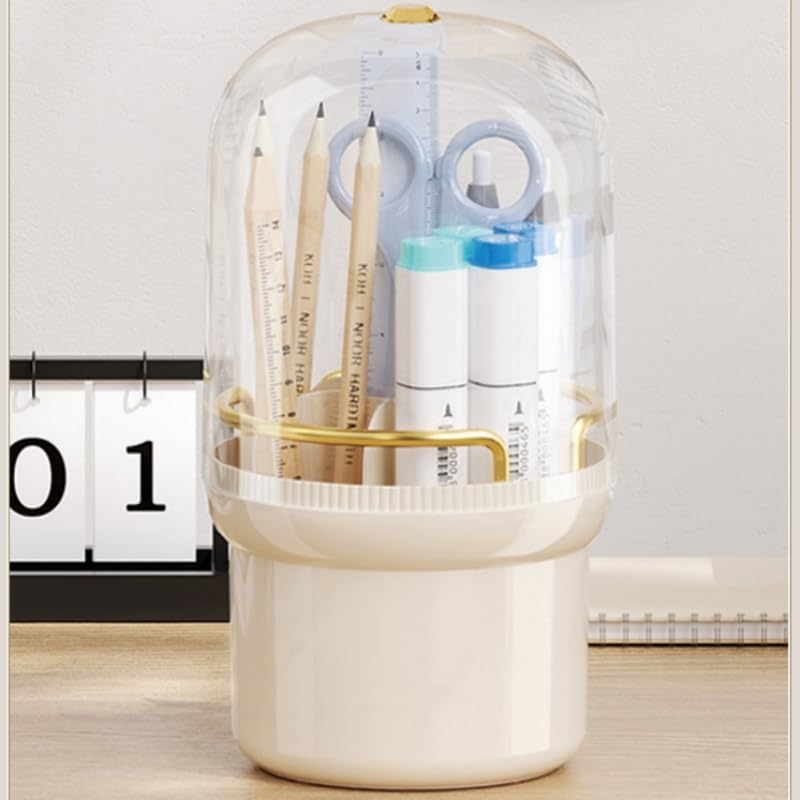Makeup Brush Holder, 360&deg; Rotating Makeup Brush Organizer with Lid, Dustproof Cosmetic Brushes Storage with 7 Slots for Vanity Desktop Bathroom Countertop, Cream