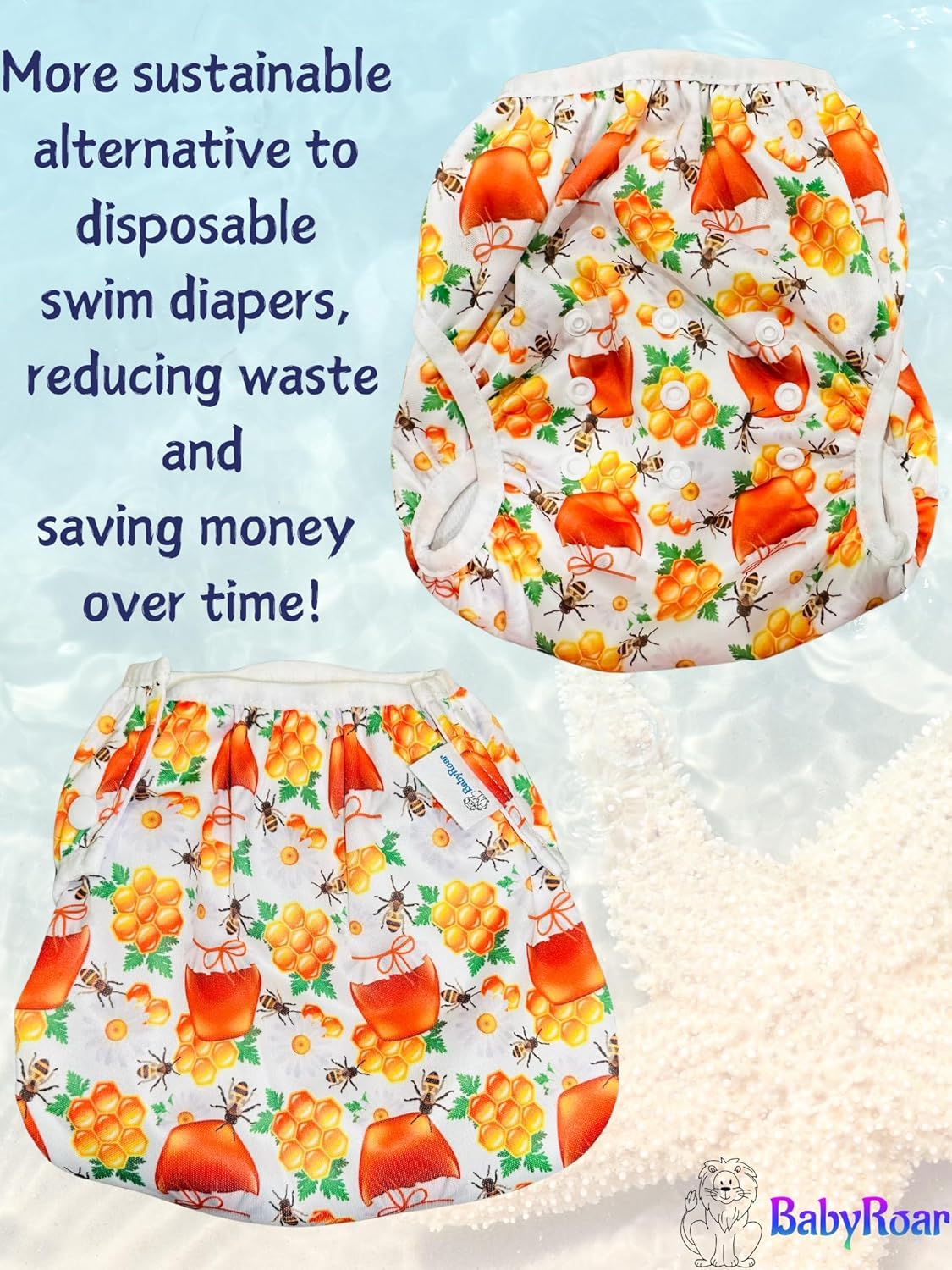 Reusable Swim Nappy for Babies & Toddlers &ndash; Adjustable One Size with Snaps + BONUS Wet & Dry Bag with Double Zipper (Dual Pockets Keep Wet & Dry Items Separate) &ndash; Leak-Proof, Eco-Friendly. Perfect for Water Fun! One Size Fits All! (Honey Bee Delight) - Large image number 6