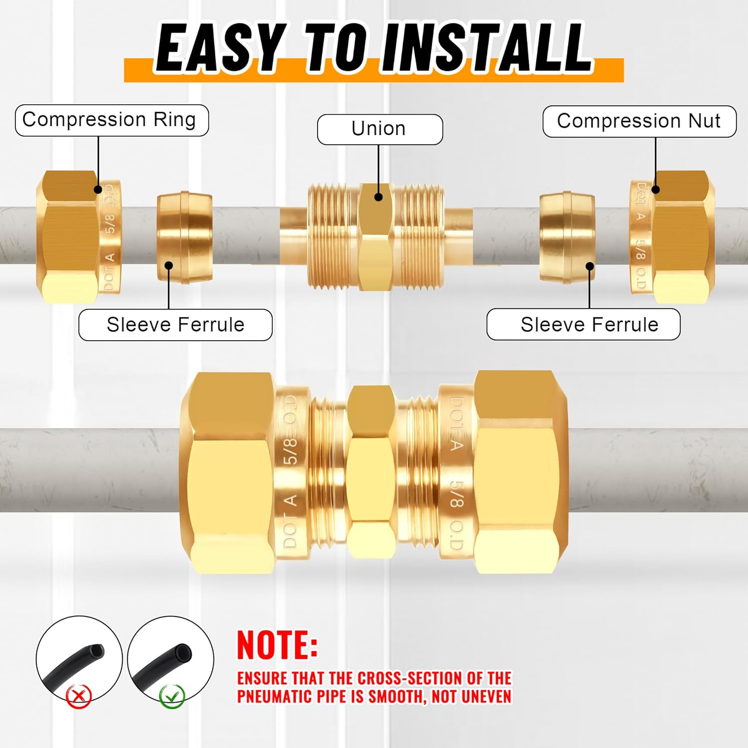 Ailbiuko 53 PCS DOT Brass Compression Air Brake Nylon Tubing Fittings,Straight Union Fitting Assortment Kit 1/4" 1/8" 3/8" 1/2" 5/8" for Truck or Industrial Air System image number 1