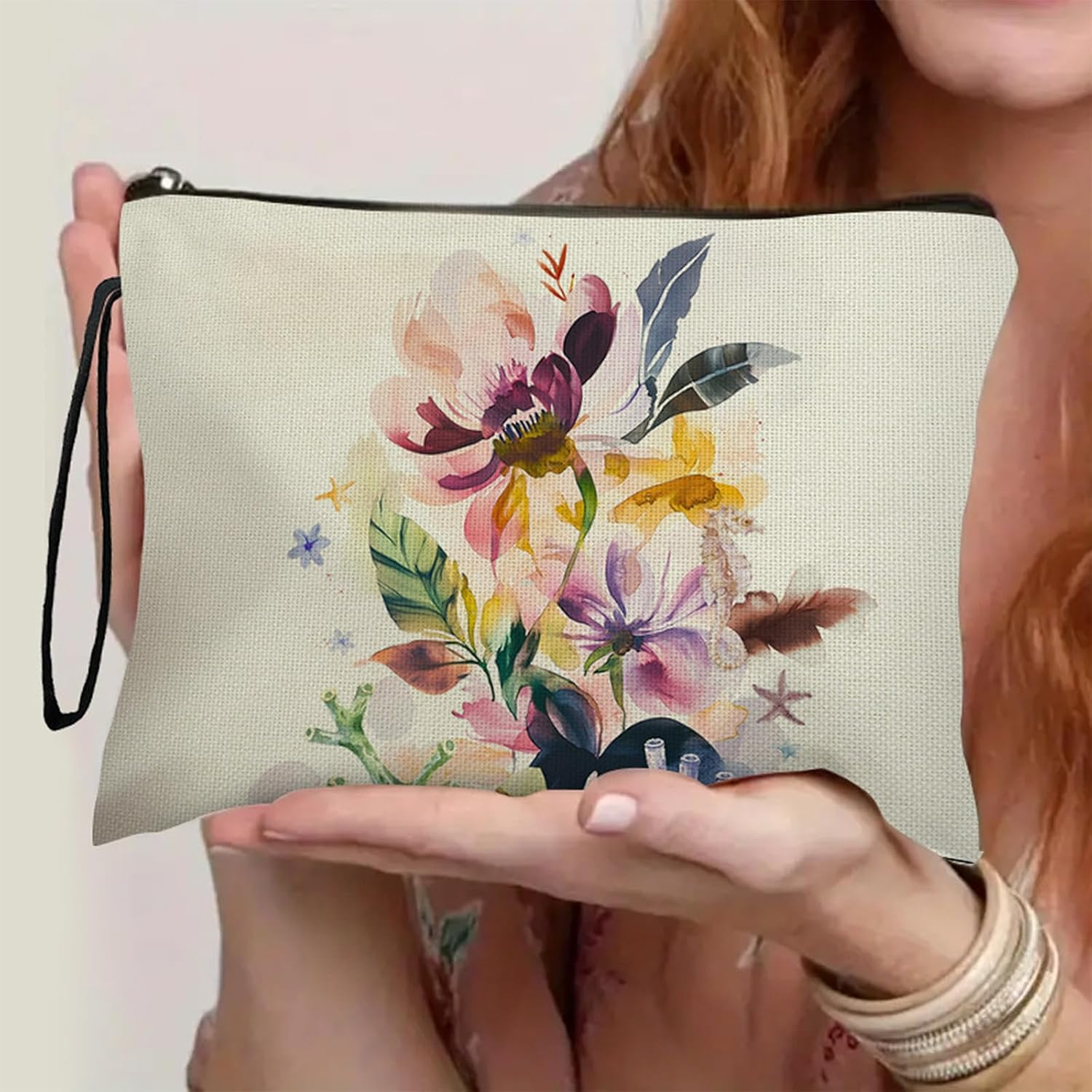 Botanical Flower Makeup Bags for Purse Zipper Cosmetic Pouch Large Travel Canvas Make up Organizer Tool Pouch for Women and Girls