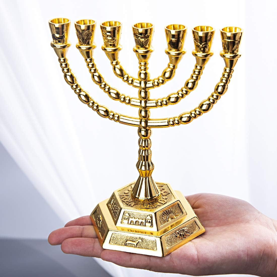 YU FENG 7-Branch Menorah Candle Holder for Shabbat,Tabernacle, Home Decor Ornaments Table Centerpiece Display(Light Gold) - Light Gold image number 6