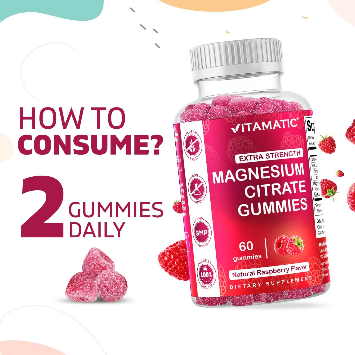 Vitamatic Extra Strength Magnesium Gummies 255 Mg (Elemental Mg) per Serving - 60 Vegan Gummies - Promotes Healthy Relaxation, Muscle, Bone, & Energy Support image number 2