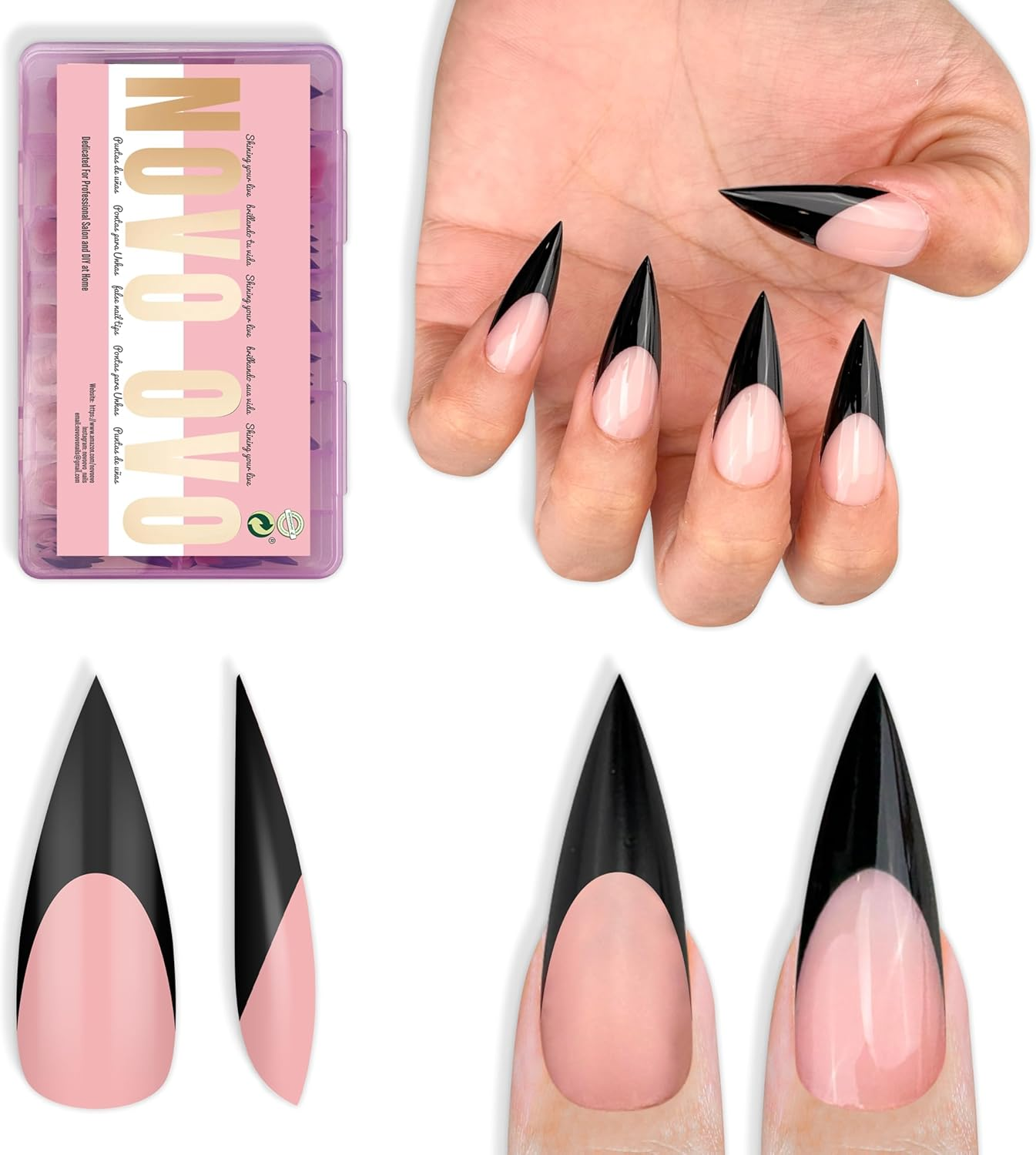 NOVO OVO Black French Tips Sharp Stiletto Pointed Medium Long Nail Tips Press on Baby Pink, Extra Thick Soft Gel Acrylic Extension, Full Cover False Nails for Salon DIY 16 Sizes, Pack of 160