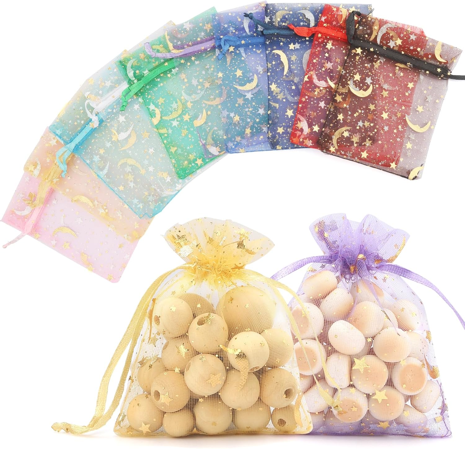 Stars and Moon Drawstring Organza Bags,50Pcs Golden Organza Gift Bags,Sheer Mesh Pouches for Jewelry Candy Presents Wedding Party Festival Favour Makeup Birthday Halloween Christmas Wrapping Supplie