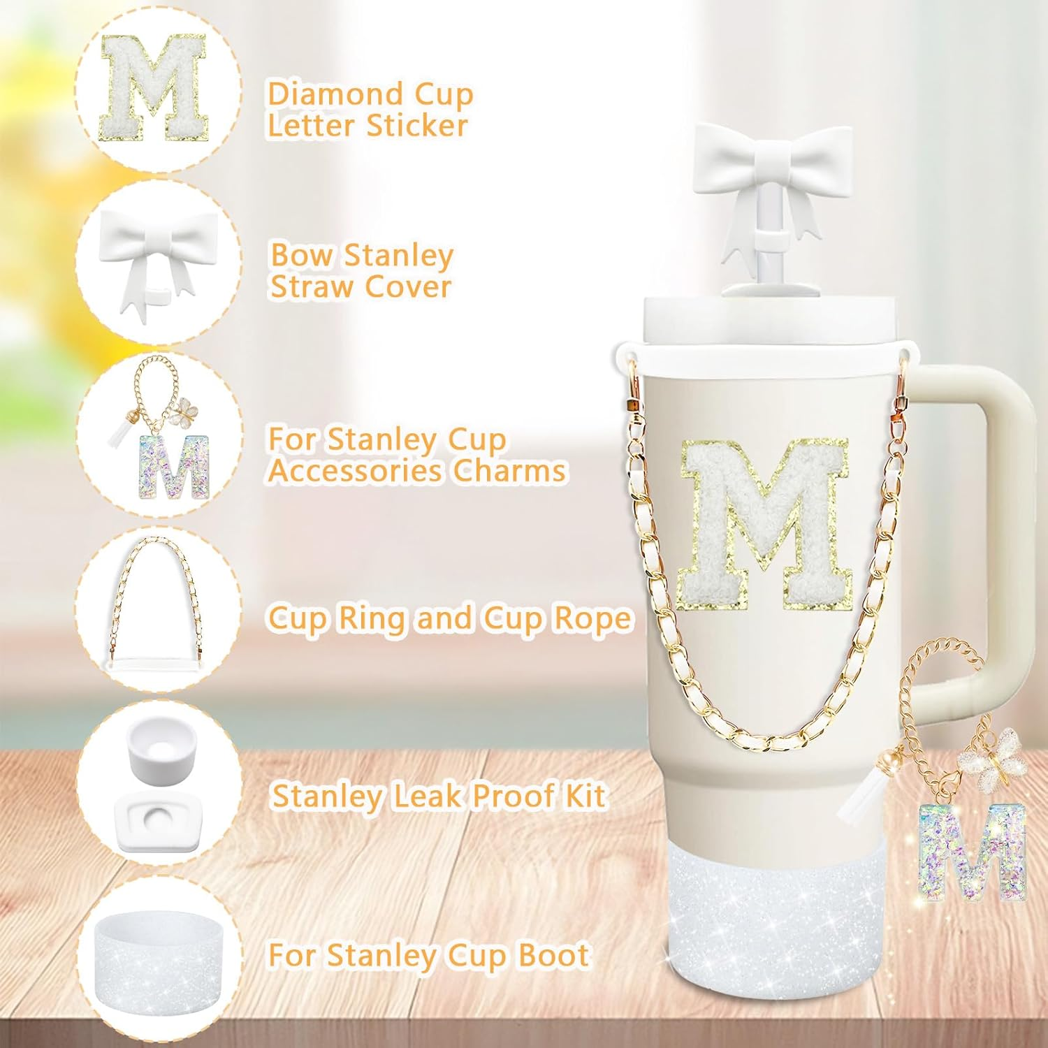 8PCS Stanley Cup Accessories Set for Stanley Cup 30Oz 40Oz Tumbler with Handle,Including Straw Topper Cover Cap and Boot,Spill Proof Stopper,Handle Charm,Initials Sticker (White M) image number 5