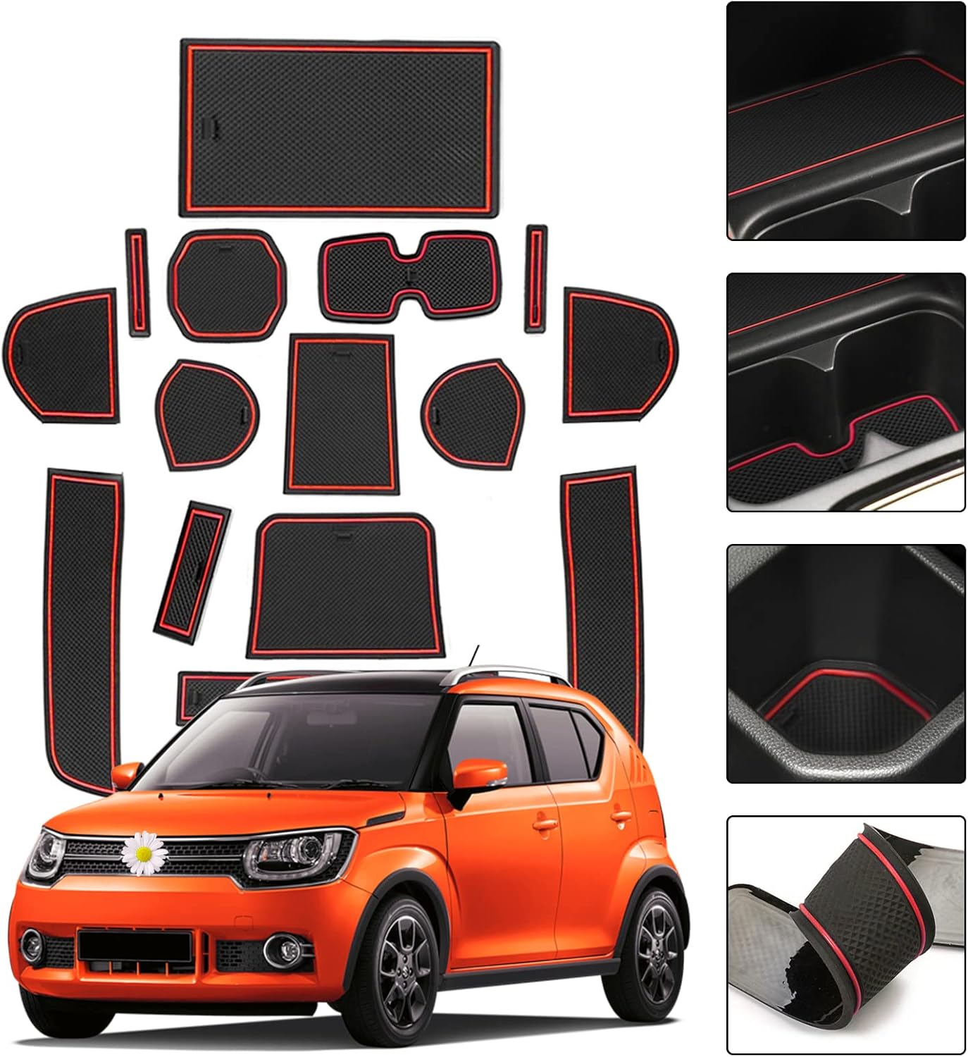 SHAOHAO Compatible with Suzuki Ignis MF 2017-2023 Anti-Dust Non-Slip Inner Door, Cup, Arm Box, Storage Mat, Inner Door Rubber Mats, 15 Pieces (Red) image number 6