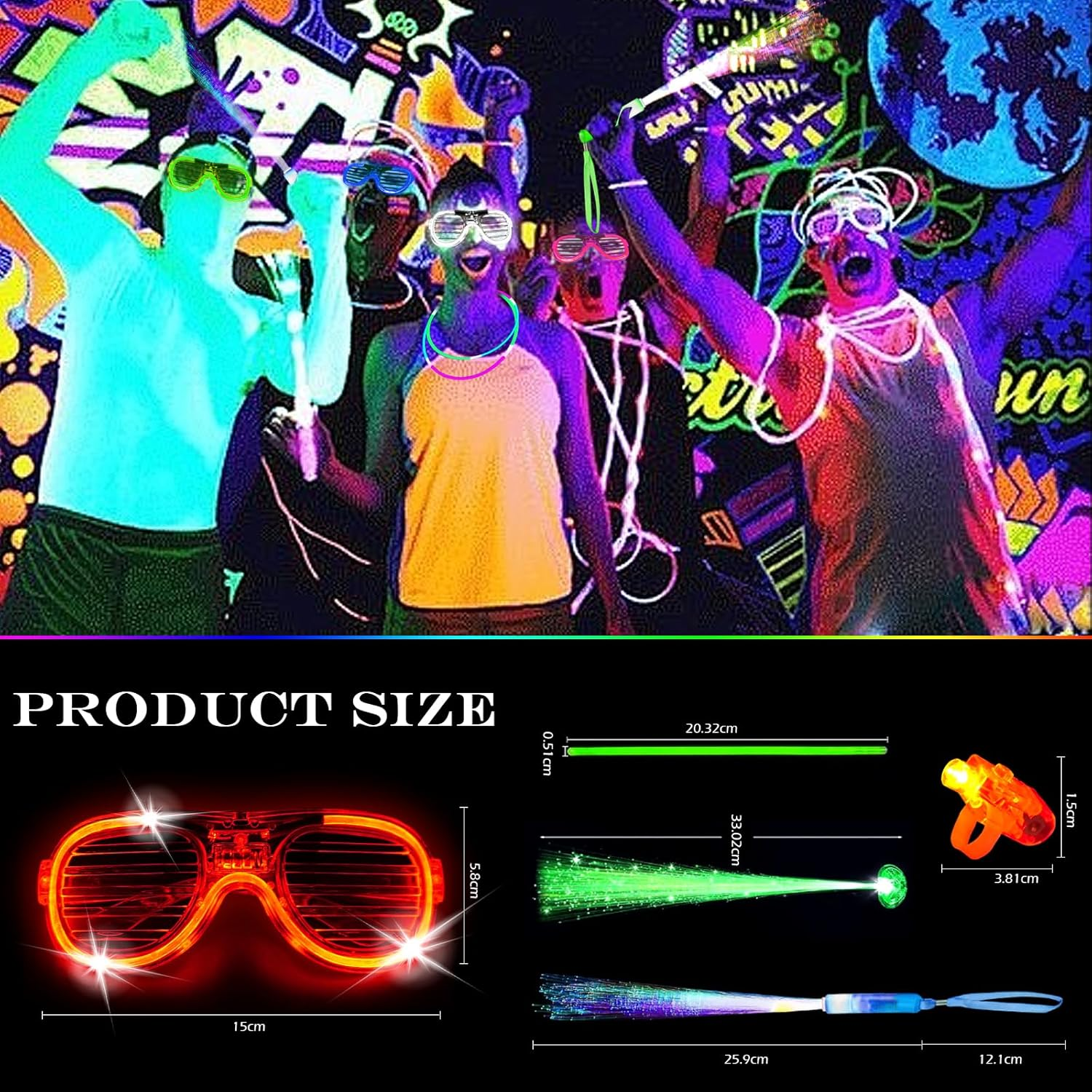 Auolen 290 PCS Glow in the Dark Party Supplies, 24 Glow Fiber Optic Wands, 15 LED Glasses and 200 Glow Sticks, 33 Finger Lights, 18 Hairs, Glow Party Favors for Halloween, Concert, Raves Birthday image number 6