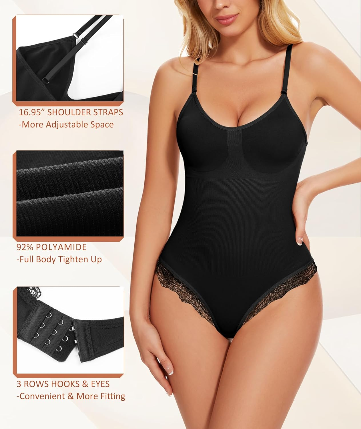 SURE YOU like Shapewear Bodysuit for Women Sexy Lace Trim Thong Seamless Slimming Full Body Shaper Sleeveless Leotard image number 1