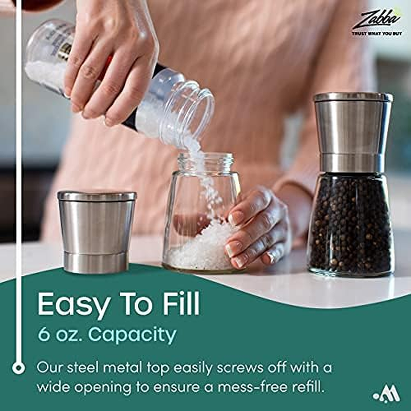 Salt and Pepper Grinder Set with Silicon Stand - Premium Pair of Salt & Peppercorn Mills with Adjustable Ceramic Coarseness - Brushed Stainless Steel and Glass Body Shakers image number 6