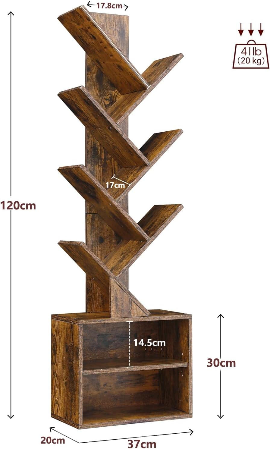 Tree Bookshelf, 6 Shelf Retro Floor Standing Bookcase, Tall Wood Book Storage Rack for Cds Movies Books, Utility Book Organizer Shelves for Bedroom, Living Room, Home Office, Rustic Brown image number 3