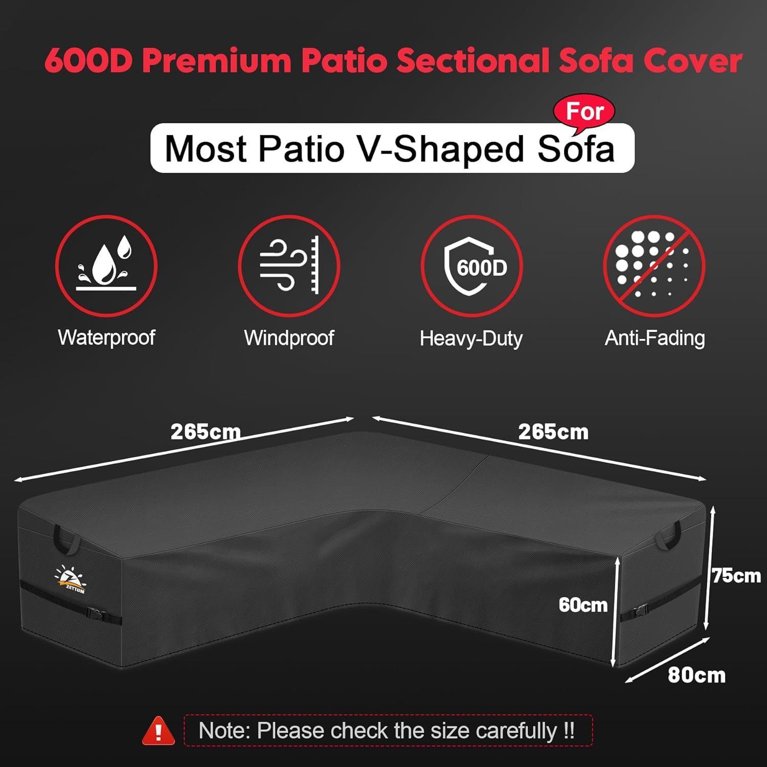 Zettum V-Shape Outdoor Furniture Covers Waterproof, 600D PU Heavy Duty Fabric Large Garden Sofa Covers with Waterproof Buckles for Rattan Furniture Covers V Shaped Sofa Cover (265X265X80Cm) image number 4