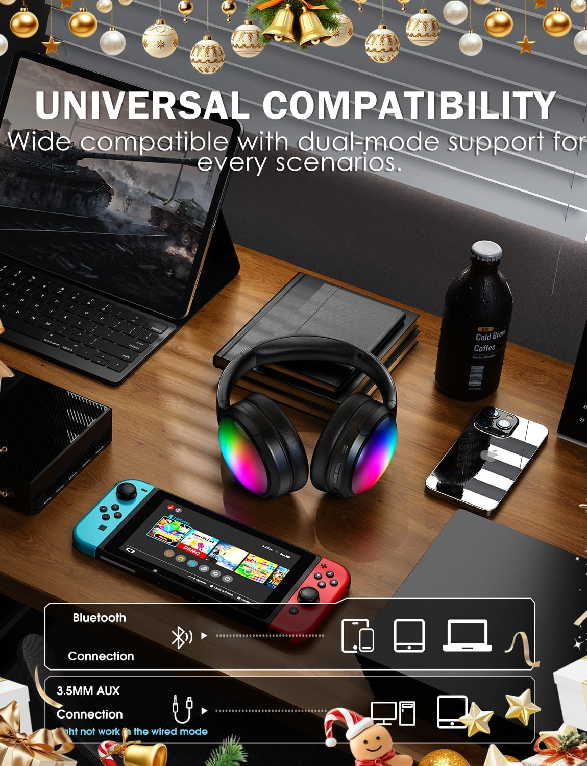 ONITOON Bluetooth Headphone with Cool RGB Light, Foldable Lightweight Wireless over Ear Headphone, 90&deg; Rotatable Earcups, Hifi Stereo with Deep Bass Audio for Travel, Ipad Cellphone Laptop PC image number 5