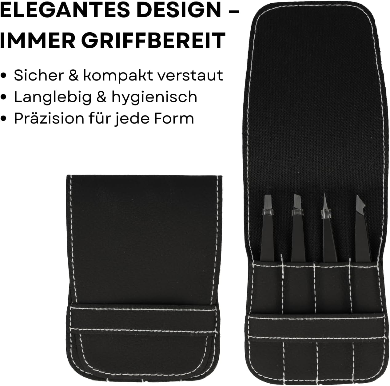 Clauss Eyebrow Set with 4 Tweezers | Four Piece Tweezer Set for Eyebrows and Eyelashes | Stainless Steel Black Finish | Includes Storage Case | BC-S10040 image number 2