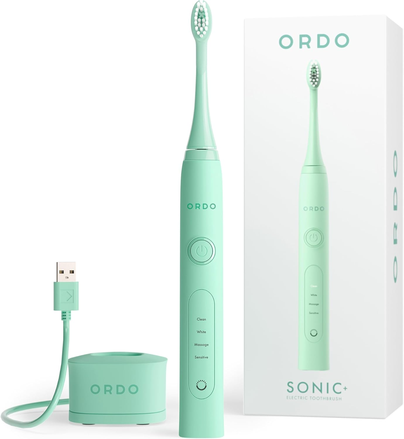 Ordo Sonic+ Smart Tech Electric Toothbrush with 4 Cleaning Modes, Fast Rechargeable Battery and Silicone Polishing Element, USB Charger for Adults, Mint Green