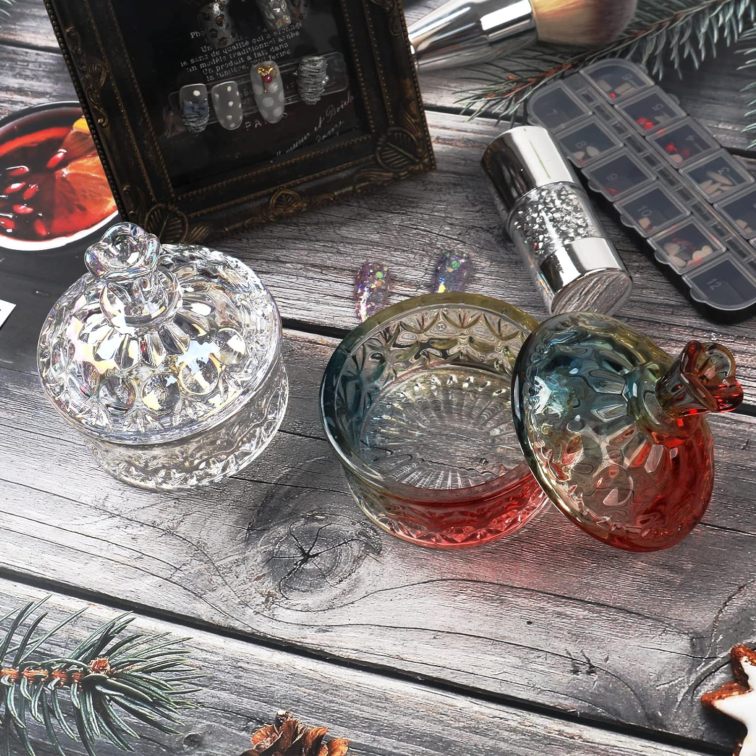 BQAN 100Ml Large Nail Dappen Dish, Dazzling Crystal Dappen Dish with Lid, Damping Dish for Nails Holding Acrylic Liquid Acrylic Powder Nail Decor, Dappen Monomer Holder Dish (Laser Color)