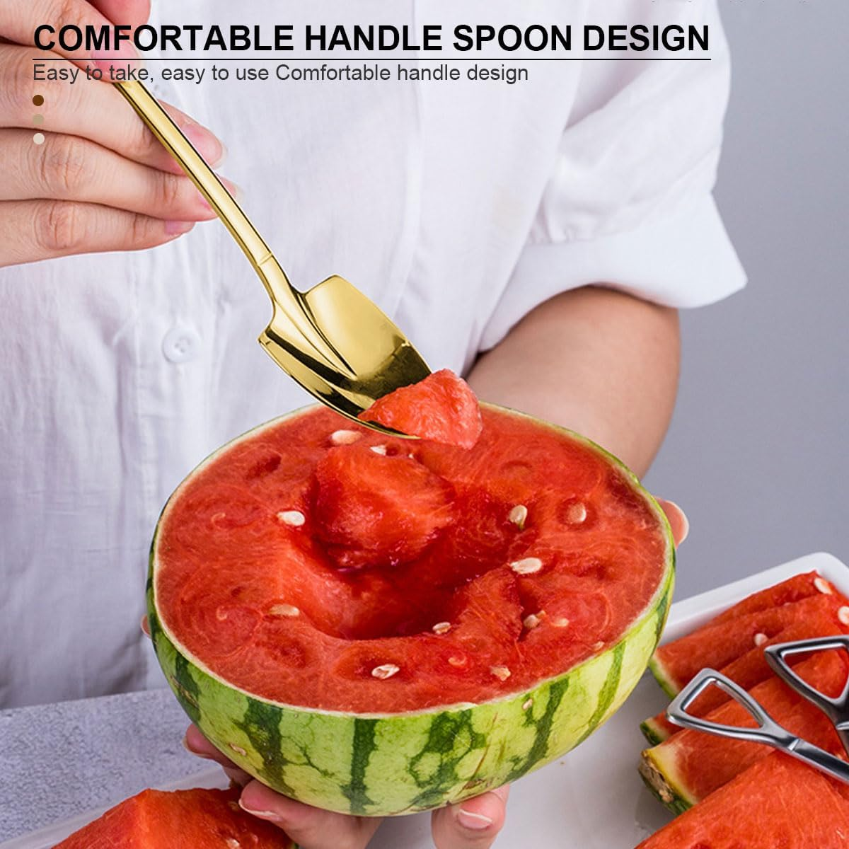 Shovel Shape Stainless Steel Spoons Watermelon Mini Square Shovel Sharp Shovel Fruit Watermelon Cutter Slicer Tool Kitchen Gadgets, Ice Cream Fruit Spoon for Home, Kitchen or Restaurant (Square-1) image number 6
