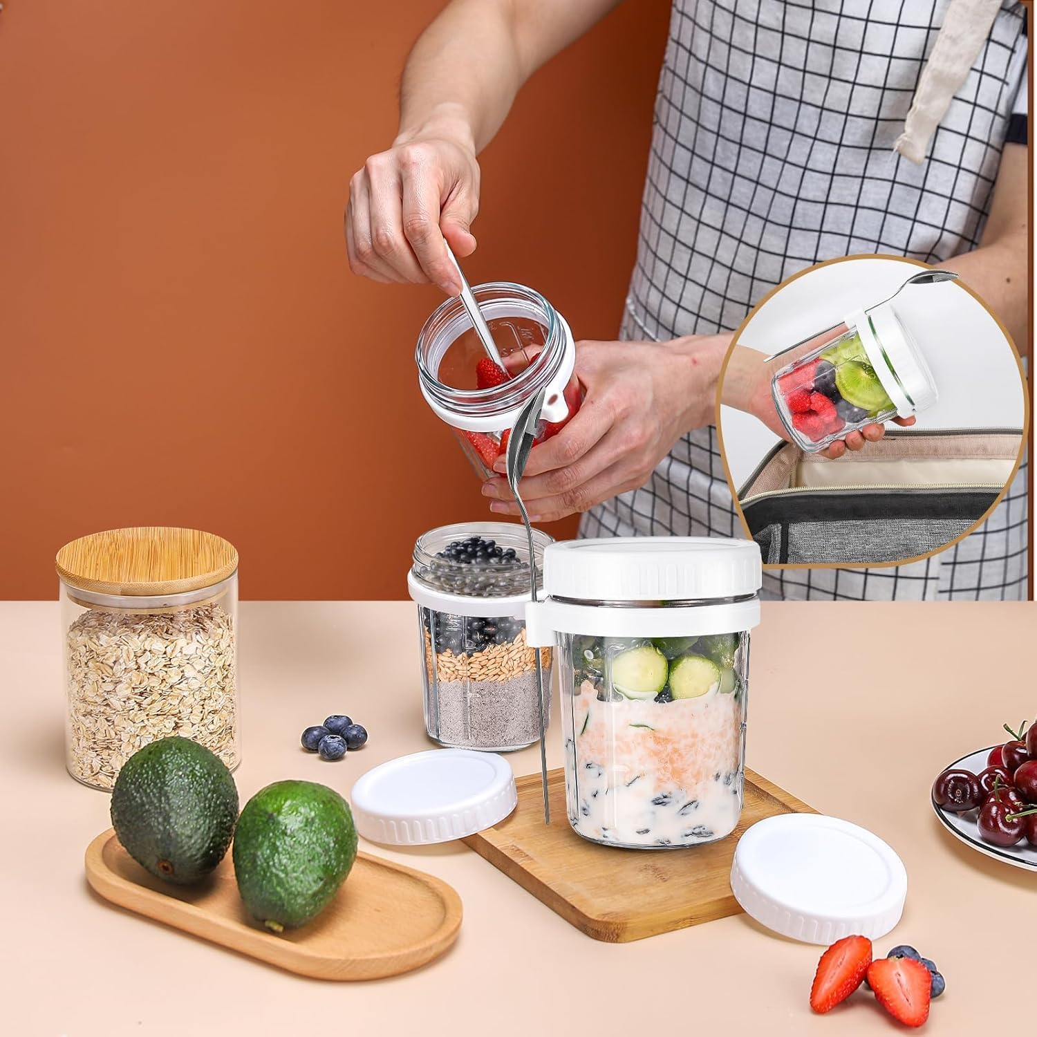 Heyinova Overnight Oats Jars,Overnight Oats Containers with Lids and Spoons, Airtight Oatmeal Container with Measurement Marks, Mason Jars with Lid for Cereal on the Go Container (4 White)