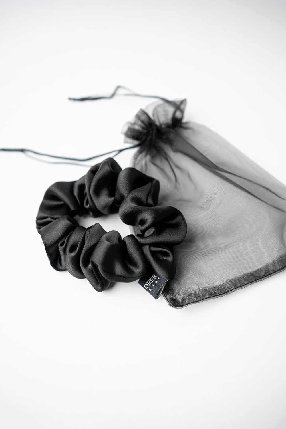 WHITE DEER MANUFAKTUR Scrunchie Soft Edition - Premium Satin Scrunchie in Black, Medium for Normal Hair - Comes with Organza Pouch image number 3