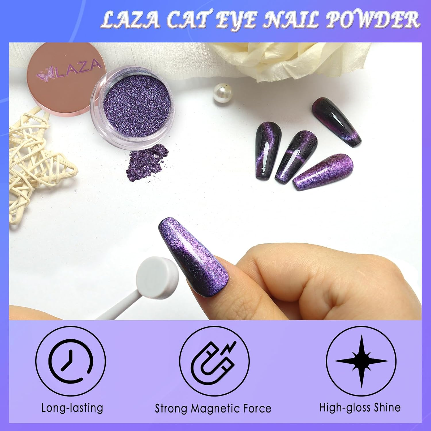 Cat'S Eye Chrome Nail, Chameleon Magnetic, 9D Cat'S Eye Mirror Effect Pigment, Magic Galaxy Holographic Effect Glitter (Including Magnetic Stick, Suitable for Velvet Nail Art (Blueish Purple) image number 4