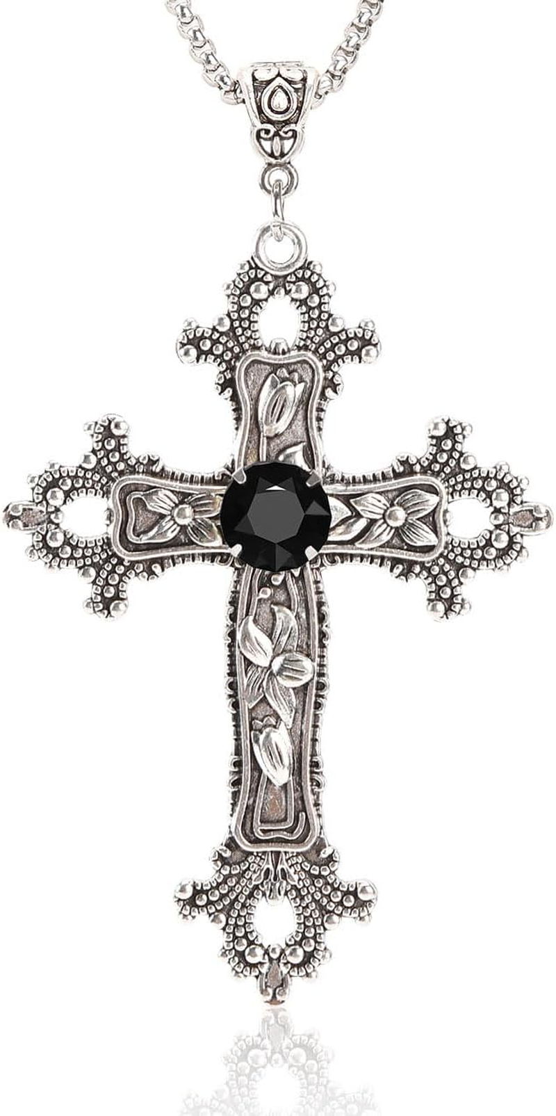 SHUS LIVE Gothic Cross Necklace Silver-Tone Pendant with Glass Stone, on 25&rdquo; Steel Chain, Cross Necklace for Women, Large Goth Silver Cross Necklaces for Man, Big Y2K Necklaces, Halloween Jewelry