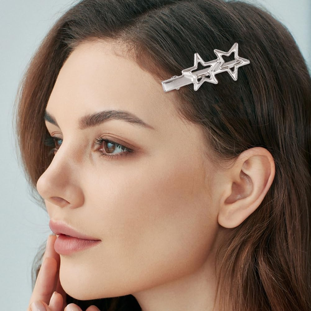SOFPLATE 1 Box of 21 Silver Hair Clips in Heart and Star Shape Shiny Glitter Hair Clips with Press Stud Double Star Hair Pins Accessories Bow Love Headwear for Women Long and Short image number 1
