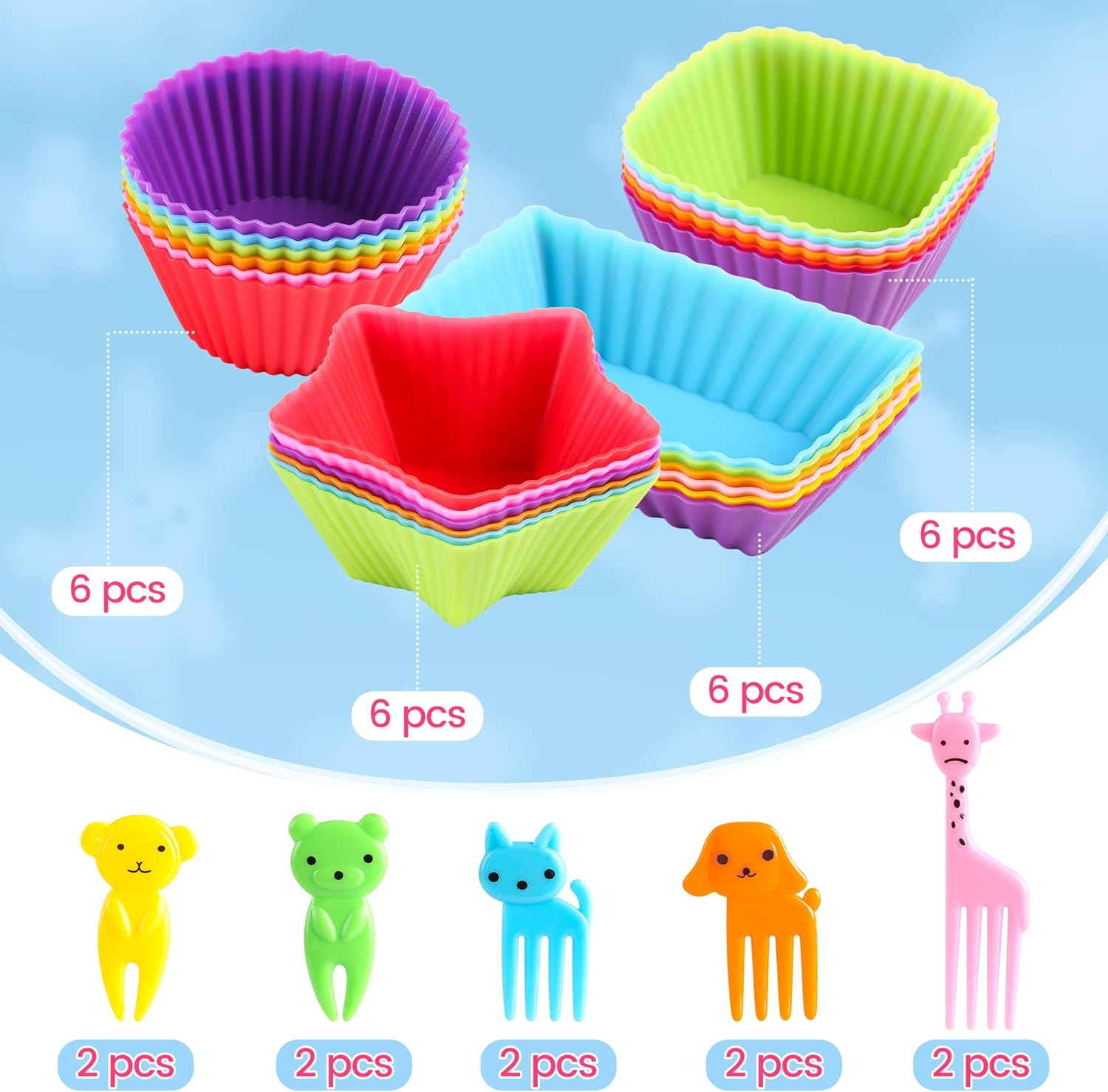 Wsmelon Silicone Lunch Box Dividers for Kids, 24 Pcs Bento Box Dividers with 10 Animal Food Picks, Bento Box Inserts, Cupcake Baking Cups, Muffin Pan Liners, Reusable and BPA Free