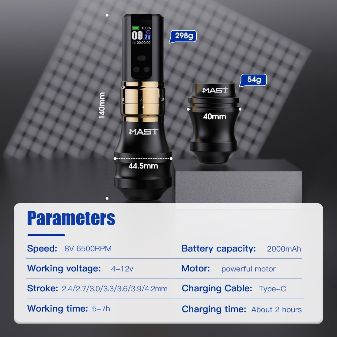 Mast Fold2 Pro Cordless Tattoo Machine, Rotary Tattoo Gun Pen, 2 Grips 40Mm & 44Mm, Mcore-C1 Powerful Motor, 7 Strokes Length image number 2