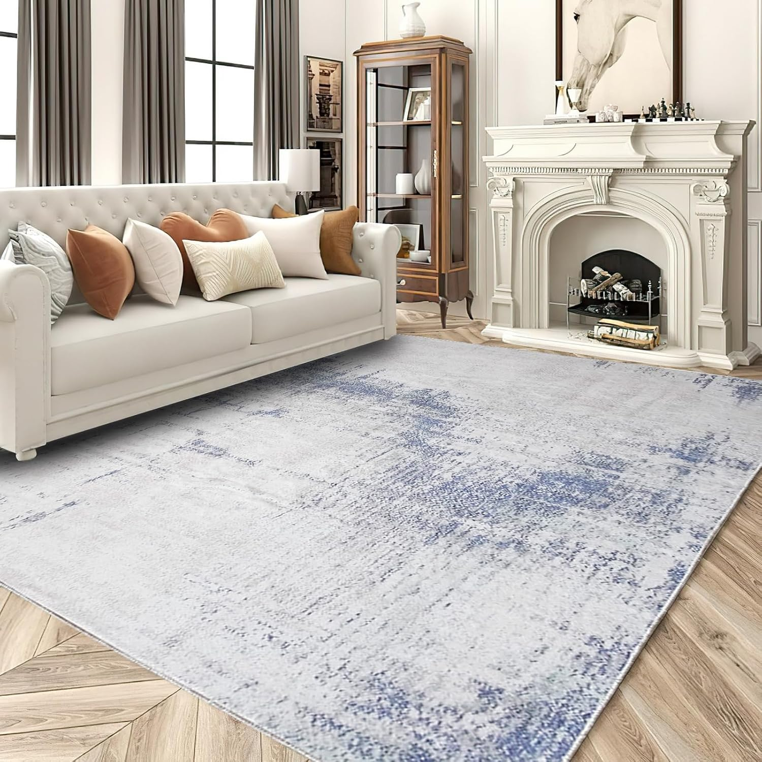 Leesentec Area Rugs for Living Room Non-Slip Machine Washable Rugs for Bedroom Low Pile Blue Rug Distressed Carpet for Kitchen Dining Room Home Office Indoor Floor Mat (Blue/Beige/Grey, 200 * 250 Cm) image number 6