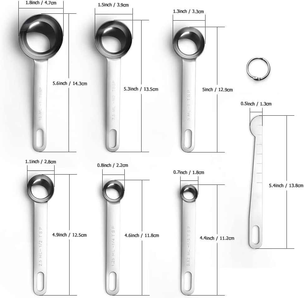 AOOSY Metal Measuring Spoon,Set of 7 Stainless Steel Measurement Spoon for Dry or Liquid,Fits in Spice Jar for Cooking and Baking,Including Leveler image number 1
