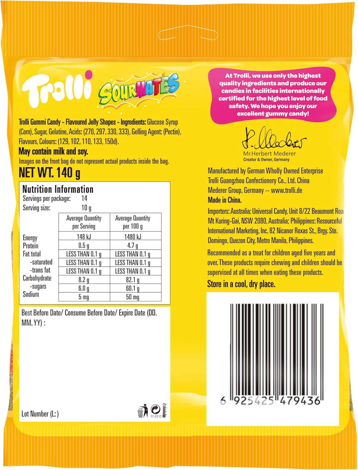 Trolli Sour Mates Party Mix Gummi Lollies 140 G &ndash; Fruity Sour Candy, Chewy Gluten-Free Lollies, Colourful Sweet Treats, Party and Snack Pack image number 3