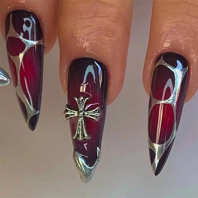 Mouyouglow Press on Nails Extremely Long, Stiletto Halloween Black Red Silver French 3D Cross Charms Gothic Fake Nails with Nail Glue, Black Red Silver Wavy Artificial Fingernails image number 3