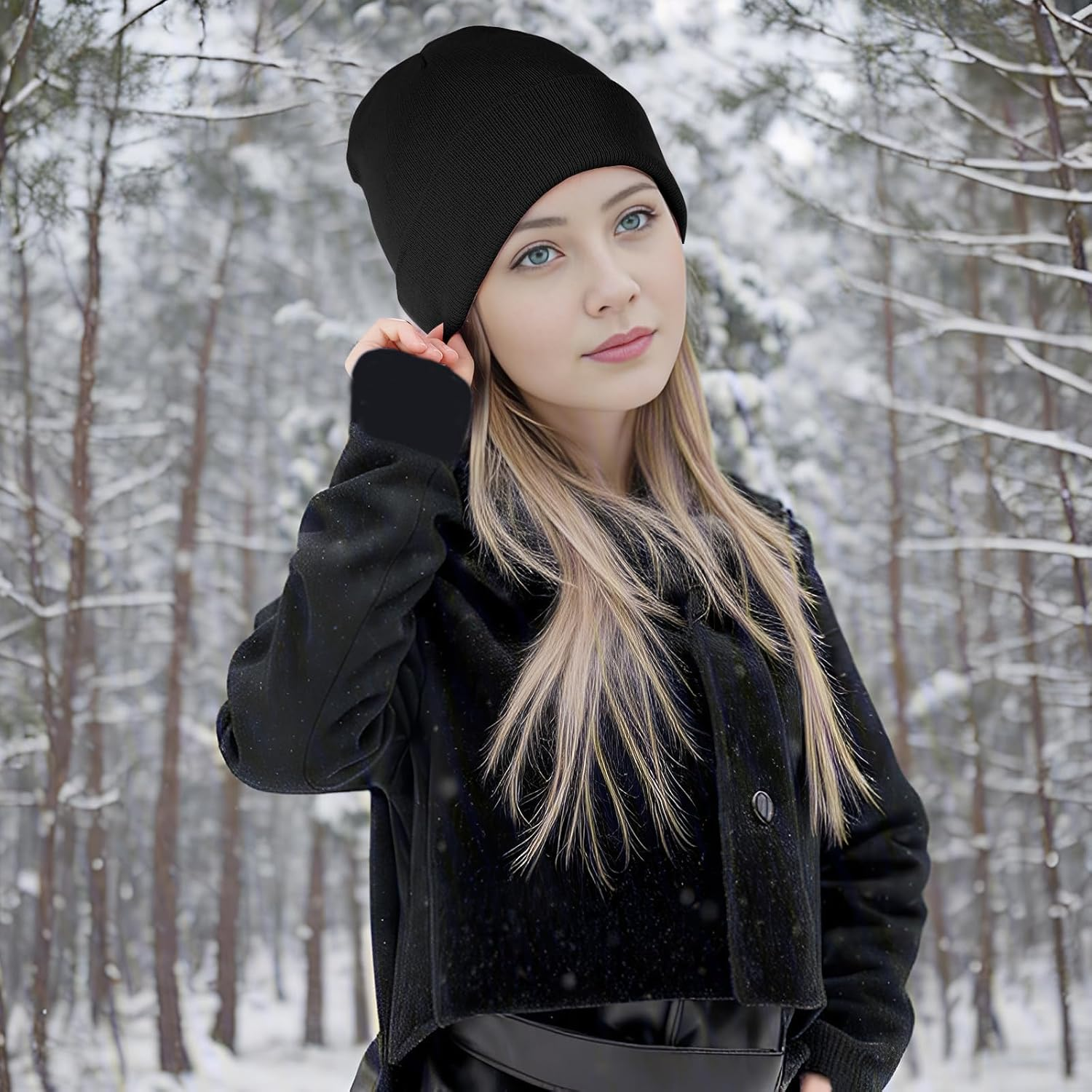 Fsfsdg Black Satin Lined Beanie Warm Soft Knit Beanie Hat for Men Women Winter image number 2