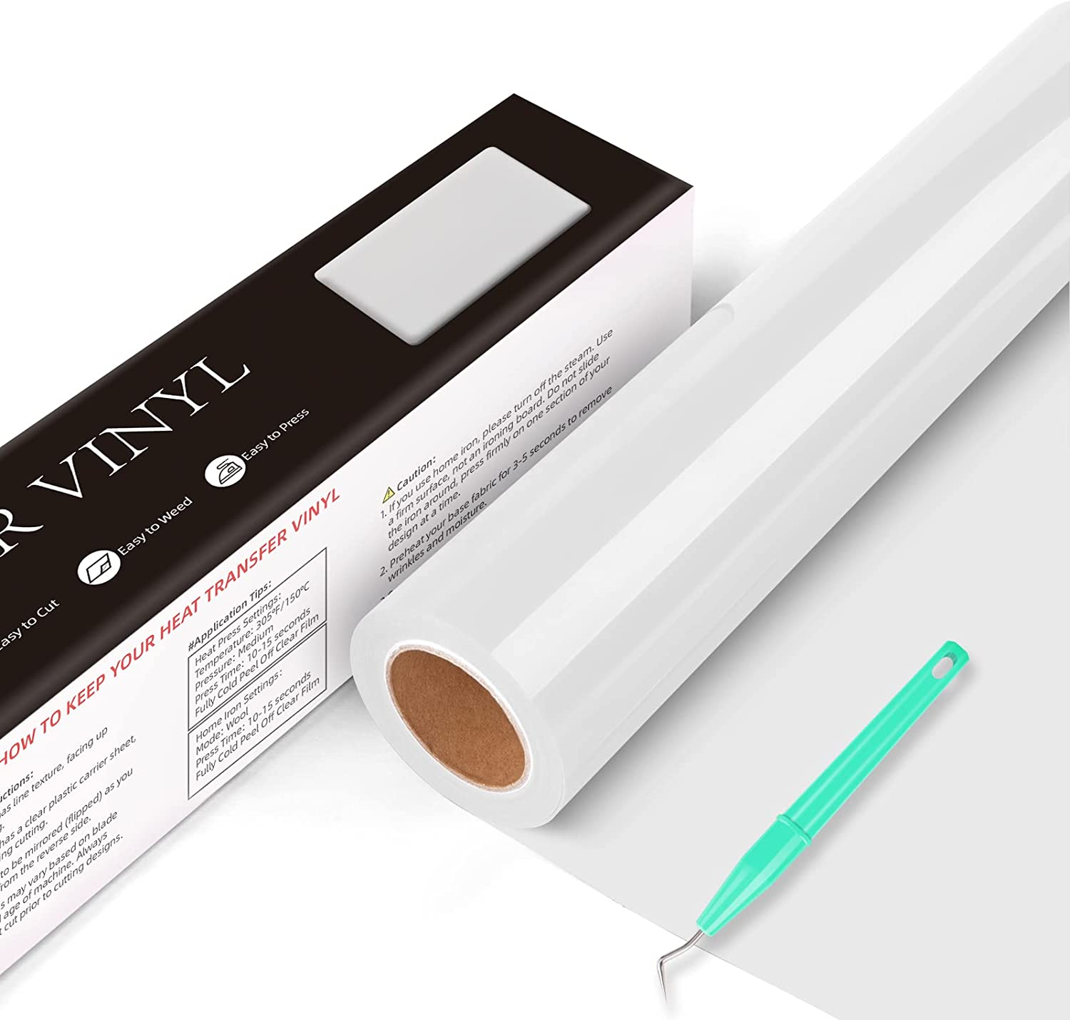 Heat Transfer Vinyl HTV - 12" X 18Ft Iron on Vinyl for Cricut & Silhouette Cameo, Heat Transfer Vinyl Easyweed & Cut, HTV Vinyl Roll for T-Shirts Bags and Other Textiles (02-White)