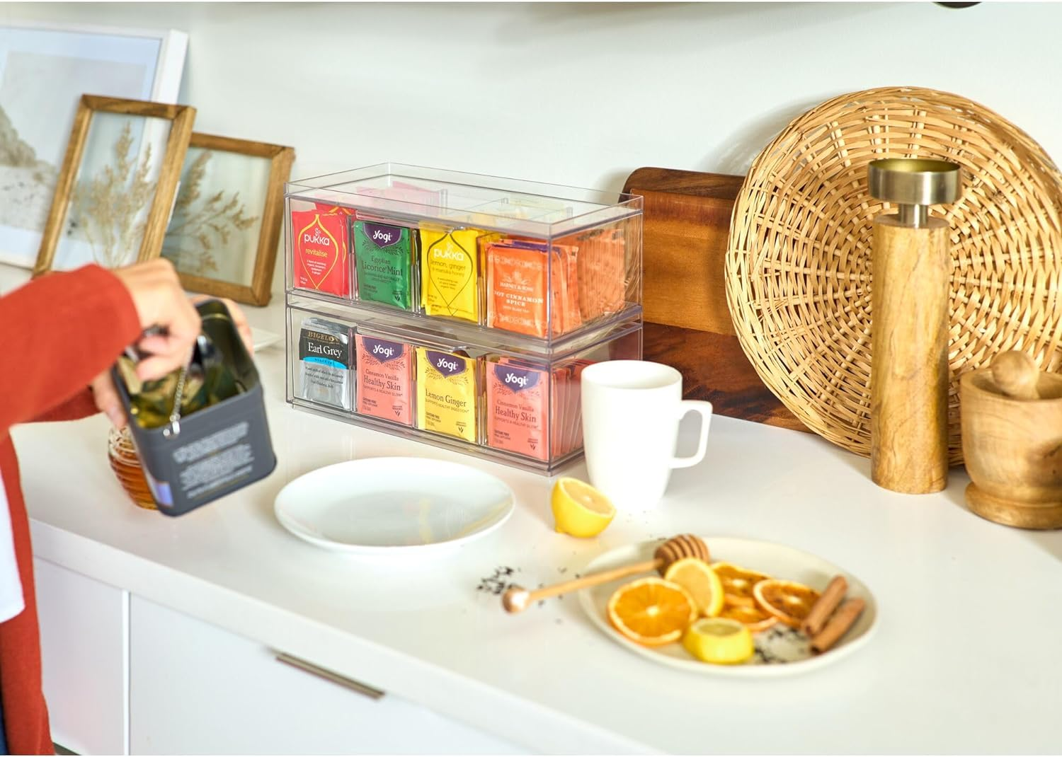 Idesign Crisp Bpa-Free Plastic Stackable Tea Bag Organizer for Kitchen Cabinets and Countertops - 12.59" X 6.23" X 4.57", Clear with Gray Dividers image number 2
