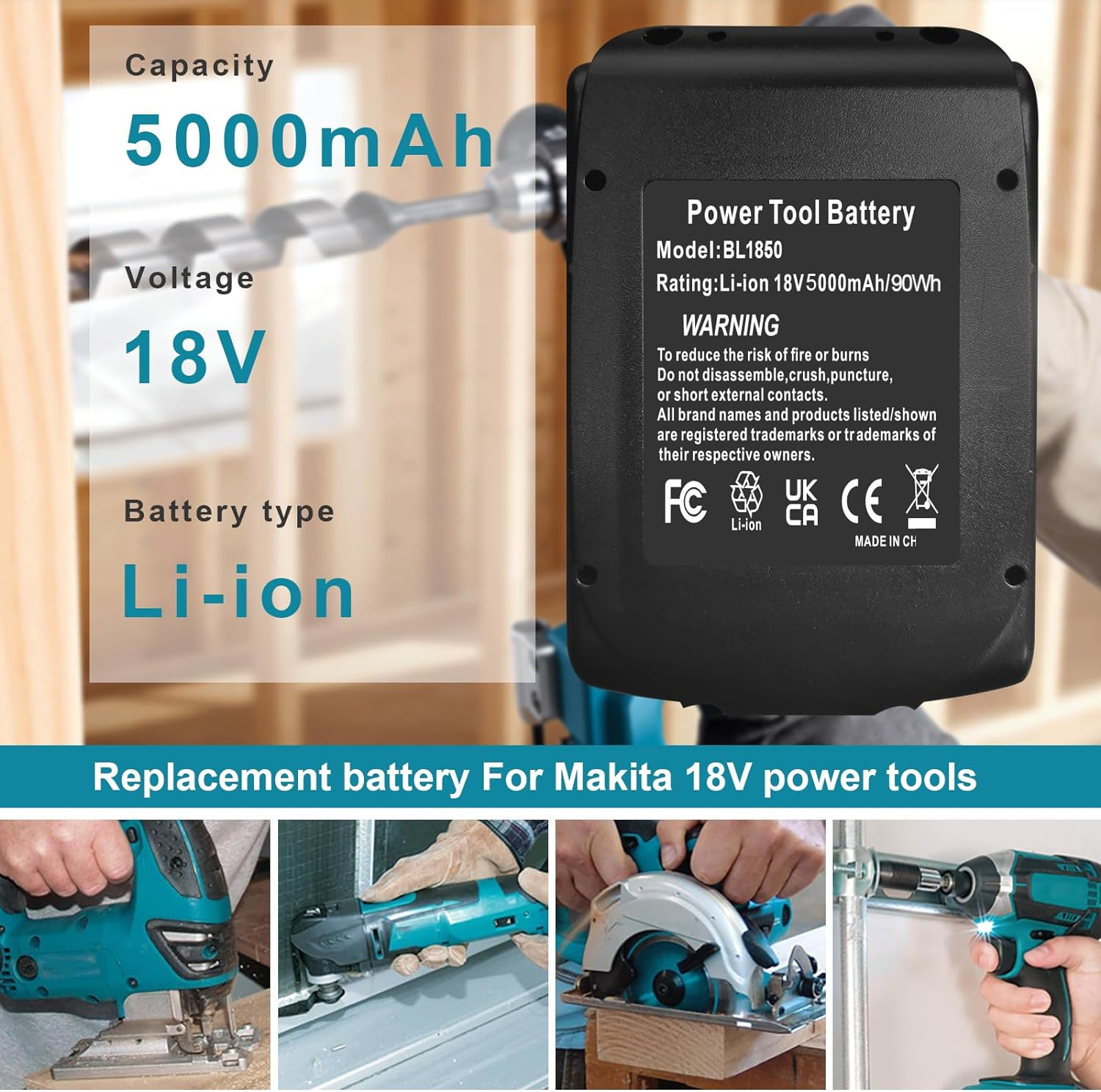 5000Mah Replacement Battery for Makita BL1815 BL1830 BL1835 BL1840 BL1850 BL1860 LXT400 18V Cordless Power Tools image number 6