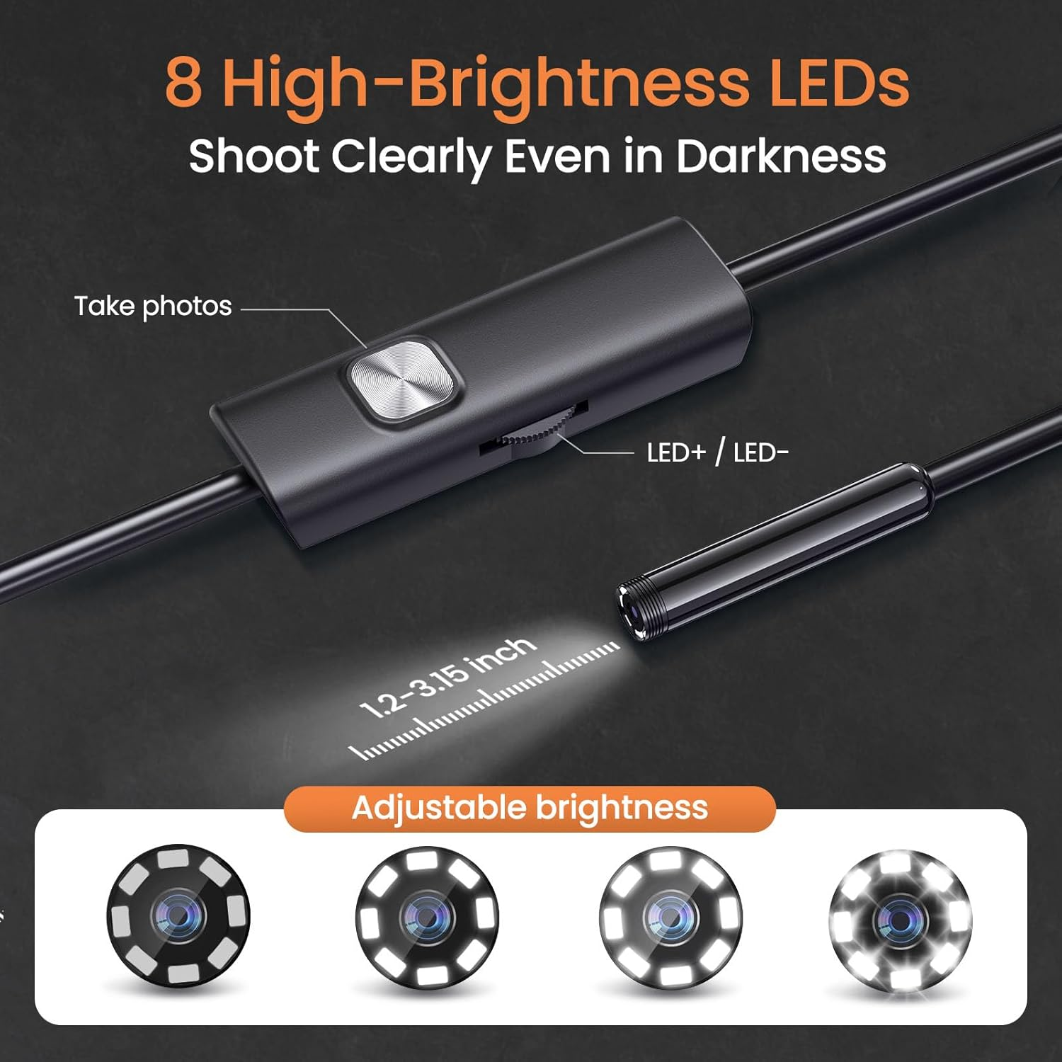 Endoscope Camera with Light,1920P HD Borescope Tools with 8 Adjustable LED Lights, Endoscope with Semi-Rigid Snake Camera, Inspection Borescope for Ios and Android