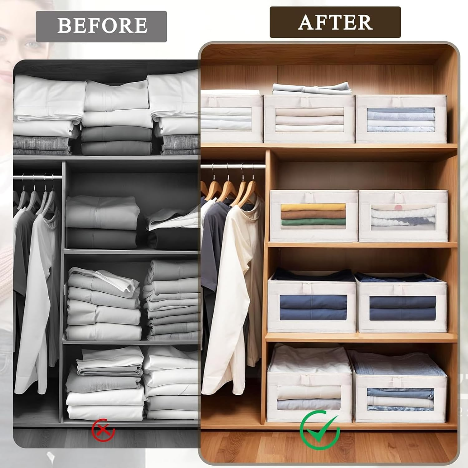 Warmi 6 Pack Linen Wardrobe Organiser, Foldable Closet Storage Bins with Handle - Large Capacity Bins for Wardrobe, Bedroom, Home Storage & Organisation image number 5