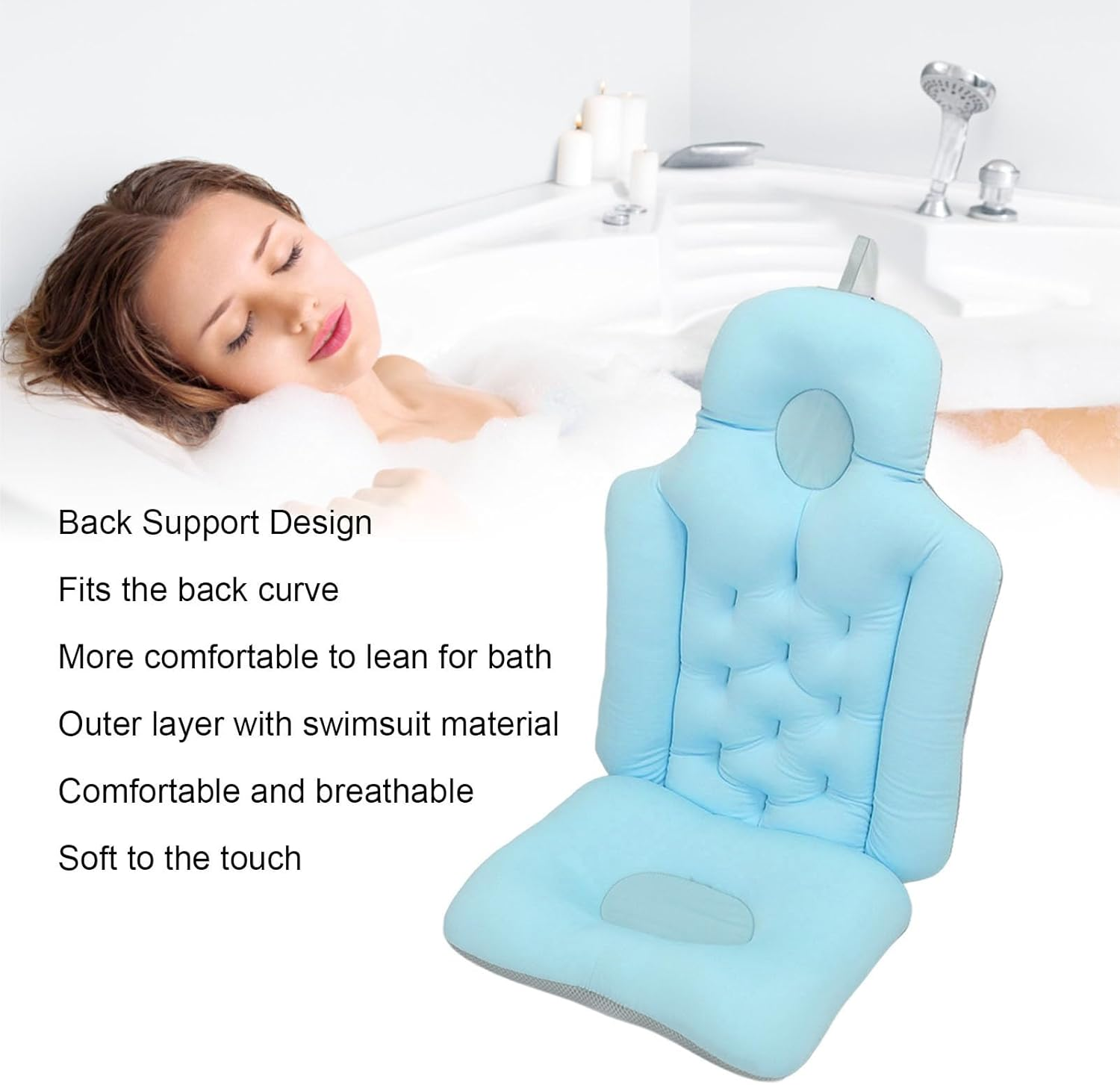 Full Body Bath Pillow, Soft Breathable Bathtub Cushion Headrest Back Support Non Slip Spa Bathtub Pillow Mattress for Head Neck Shoulder and Back Rest Support, 31.1X13.8 X3.1Inch (Blue) image number 4