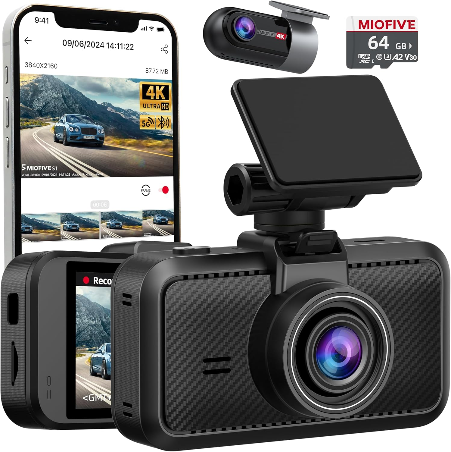 Miofive Dash Cam Front and Rear, Dual Car Dash Cam with 64G Card, Built-In 5G Wifi GPS with Smart APP Control, 24H Parking Monitor, AI Function, Loop Recording, Motion Detection Car Camera image number 2