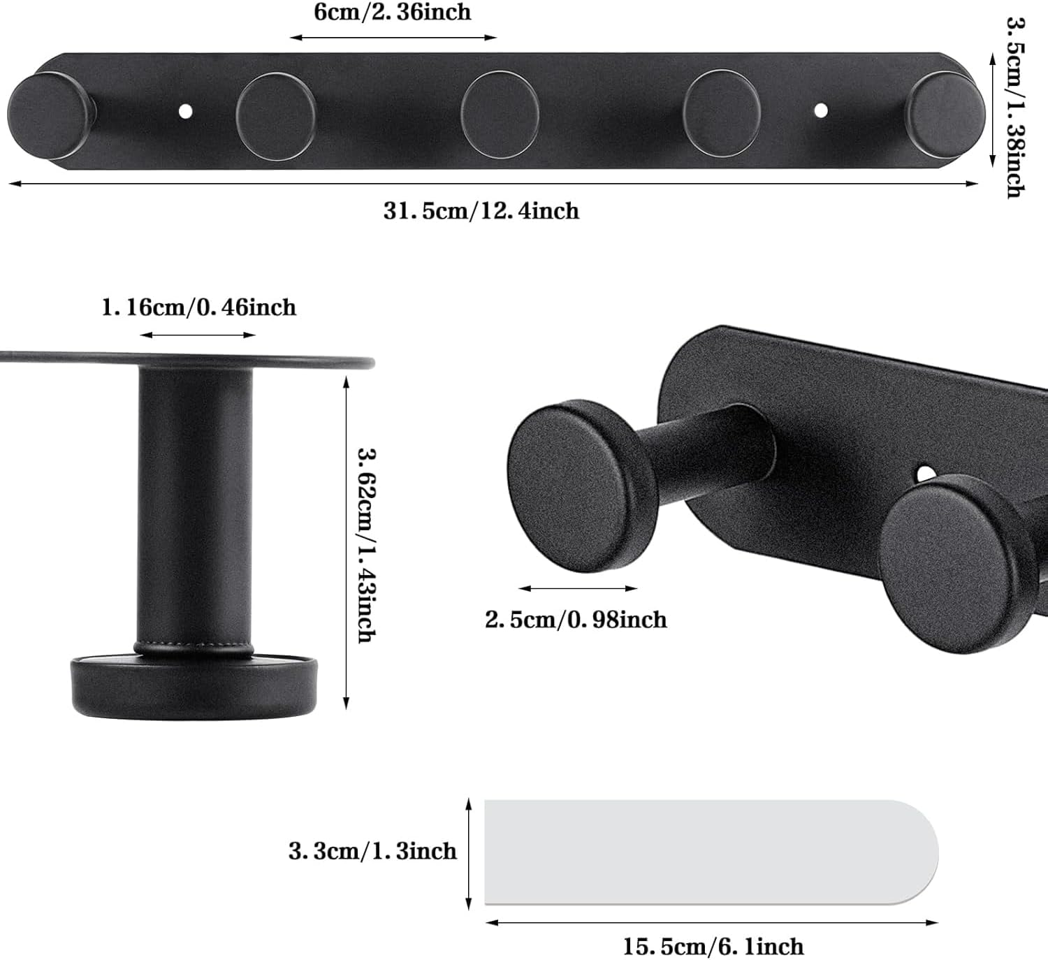 YUNYU Heavy-Duty Stainless Steel Coat Hooks - Self Adhesive No-Drill Wall Mounted, Black Door Hooks with 5 Hangers for Bathroom, Bedroom & Kitchen Storage Organisation image number 3
