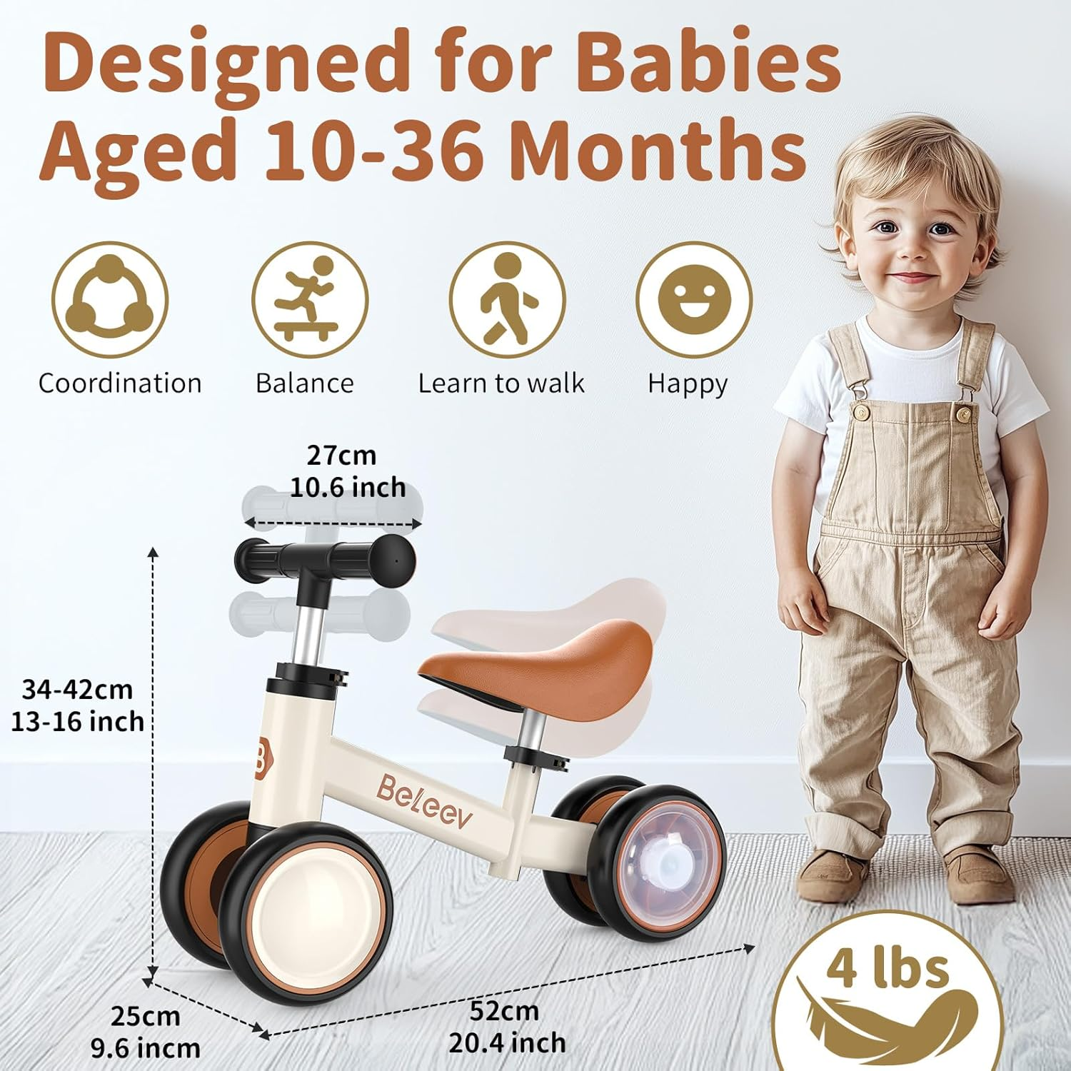 BELEEV B3 Colorful Lighting Balance Bike for 1-3 Year Old Boy Girl, Light-Up Wheels, Adjustable Seat & Handlebar, 135&deg; Safe Limited Steer, Soft Seat, Toddler Baby Bike First Birthday Gift 10-36 Month image number 2
