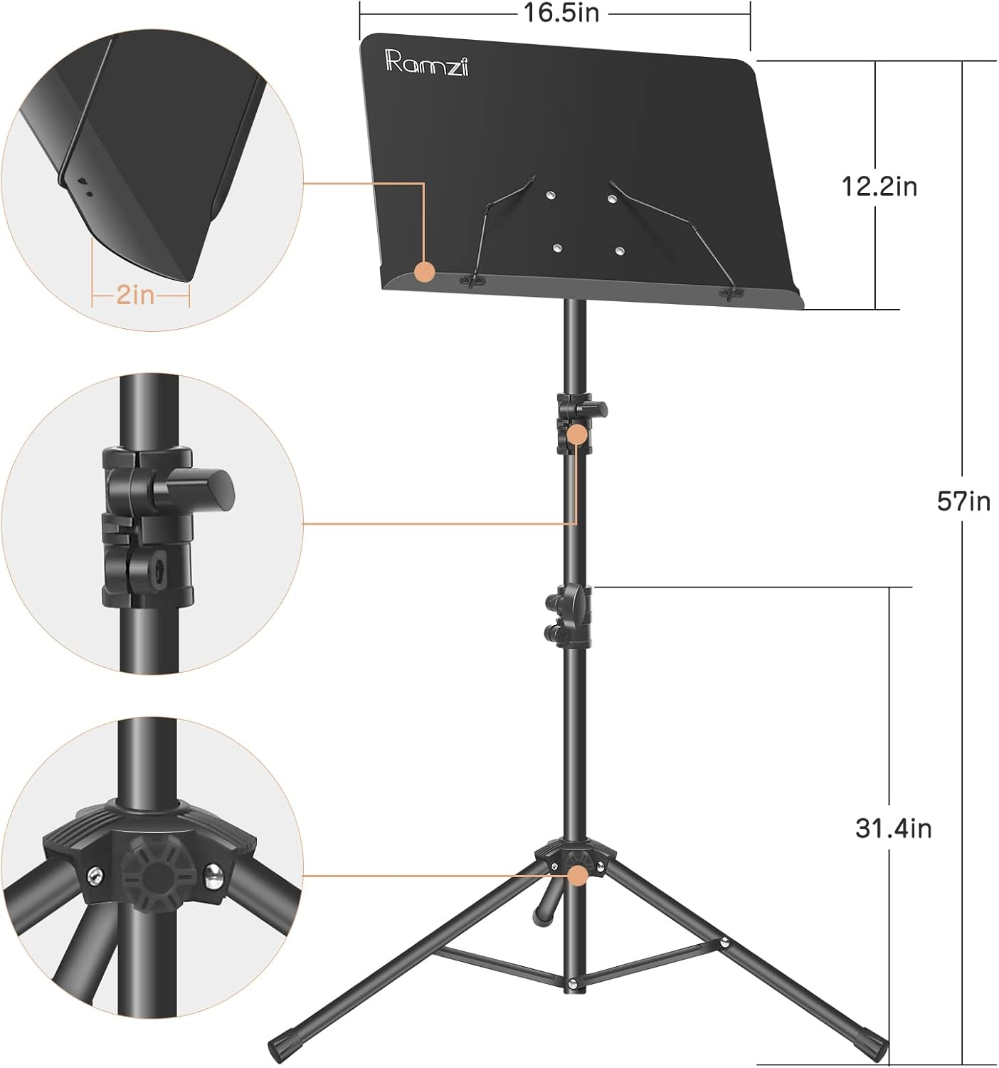 Ramzi Portable 5-In-1 Dual-Use Sheet Music Stand with Light, Clip, and Carrying Bag image number 4