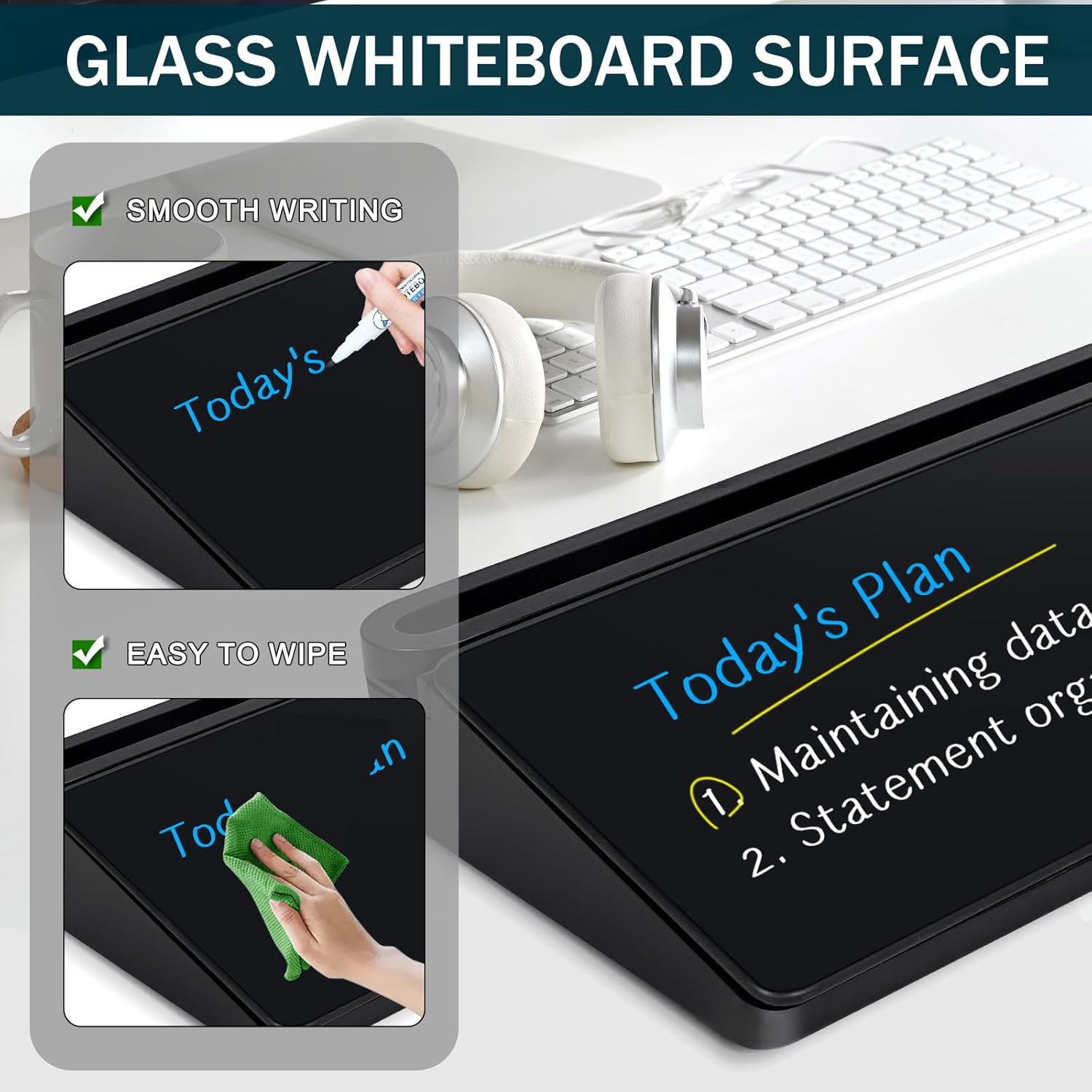 Glass Desktop Whiteboard, Computer Keyboard Stand, 18 X 40 Cm Small White Board with Drawer - Desk Organizer for Office, Home, School image number 1